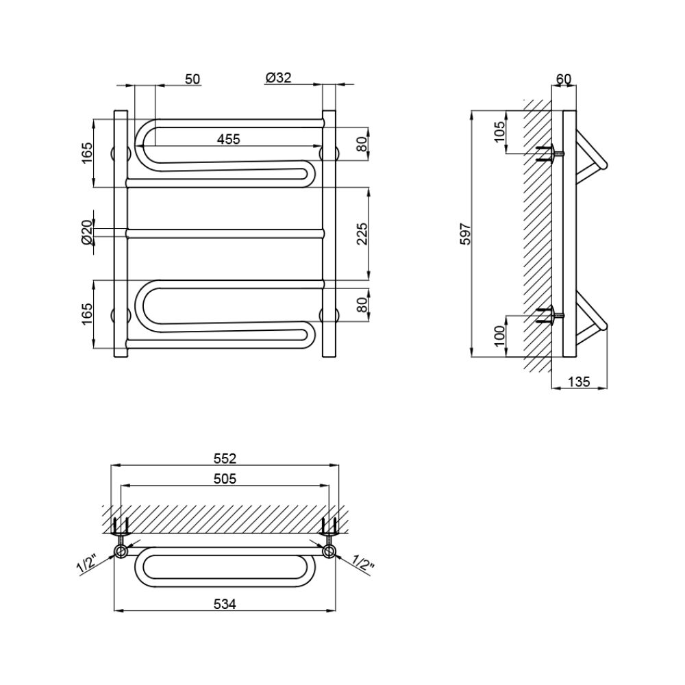 Водяна сушарка для рушників Lidz Zigzag (CRM) D32/20х1/2\" 500x600: 2 ...
