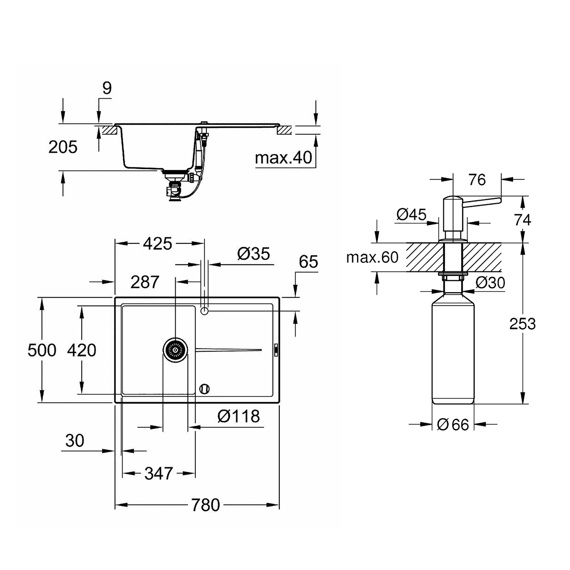 Набір Grohe мийка кухонна K400 31639AP0 + дозатор для миючого засобу C ...