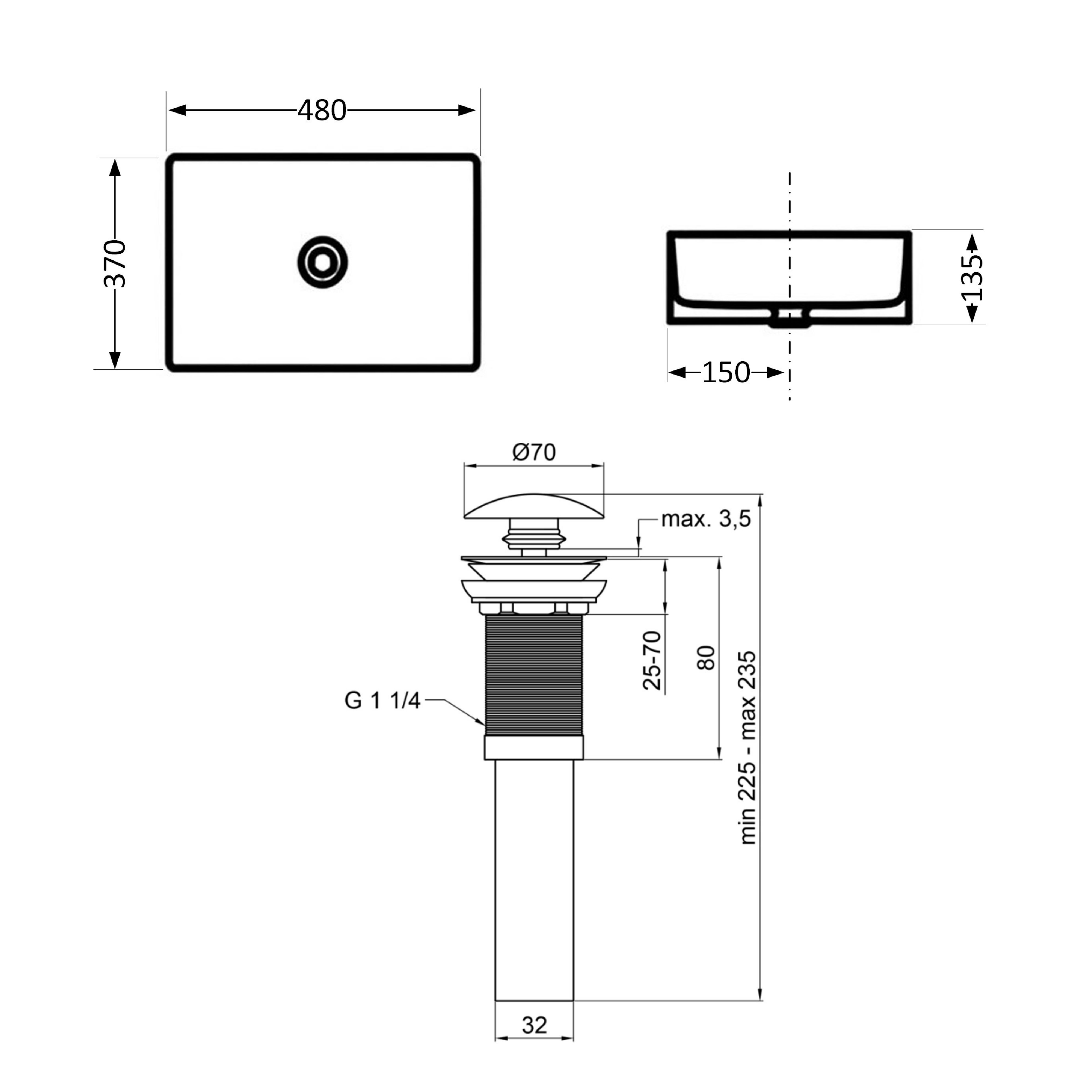 Комплект Qtap Tern: Раковина накладна прамокутна 480х370х135 мм Matt Black + Донний клапан PU03 — фото2