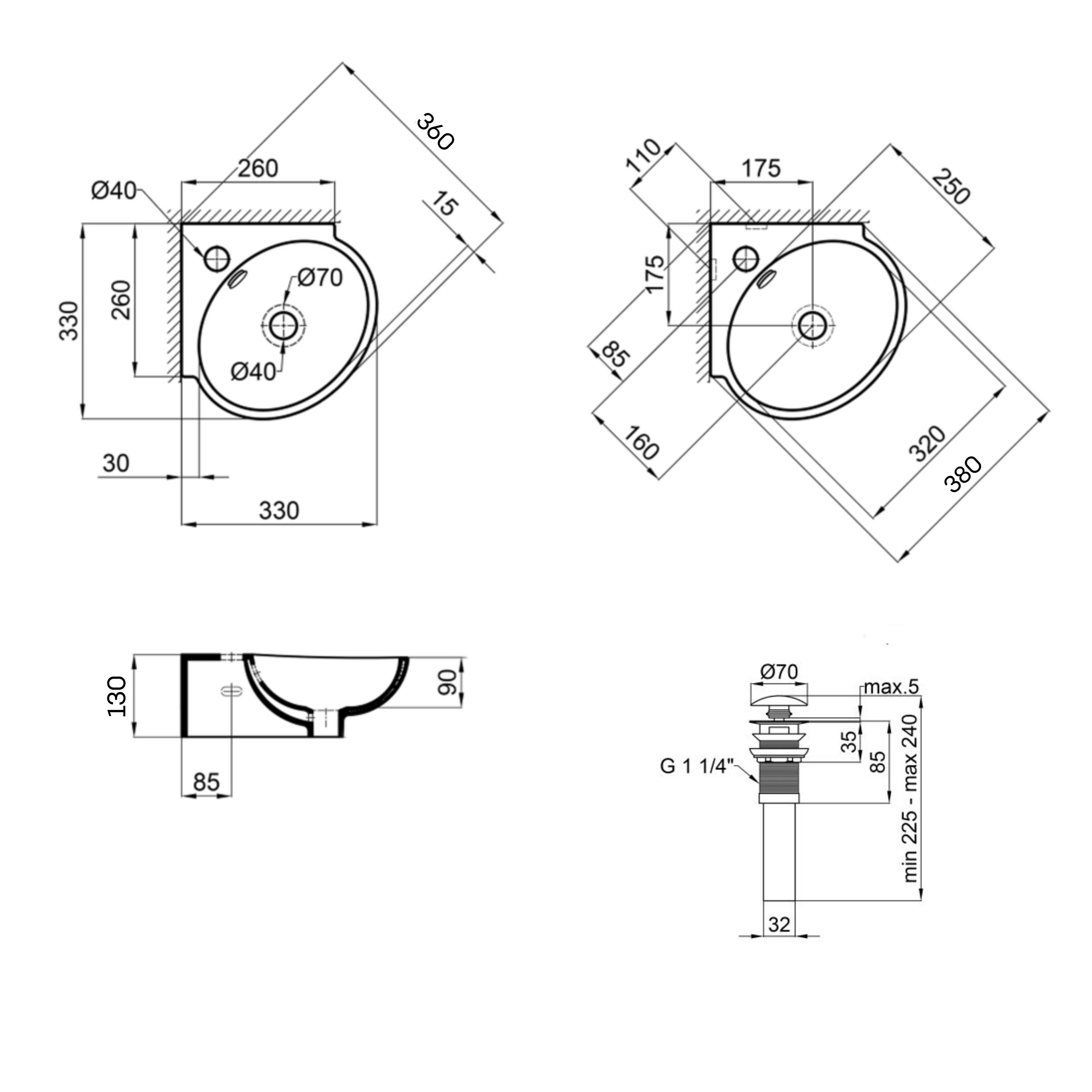 Комплект Qtap Leo N: Раковина підвісна угловая овальна 380x360x130 мм WHITE + Донний клапан PU02O — фото2