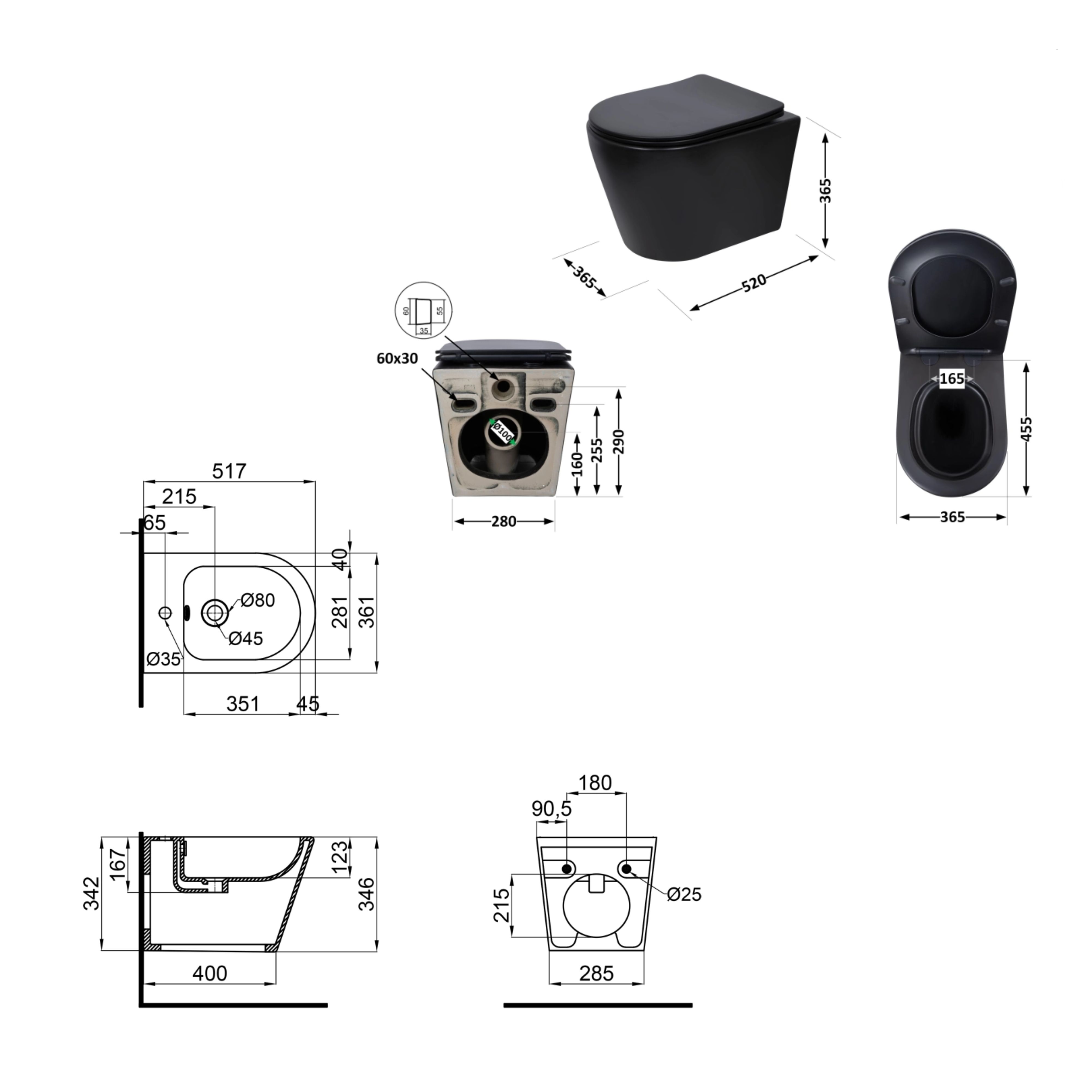 Комплект Qtap Scorpio Matt Black 2 в 1: унітаз підвісний Ultra Quiet QT14332380AMB + біде підвісне QT1455053FMB — фото2