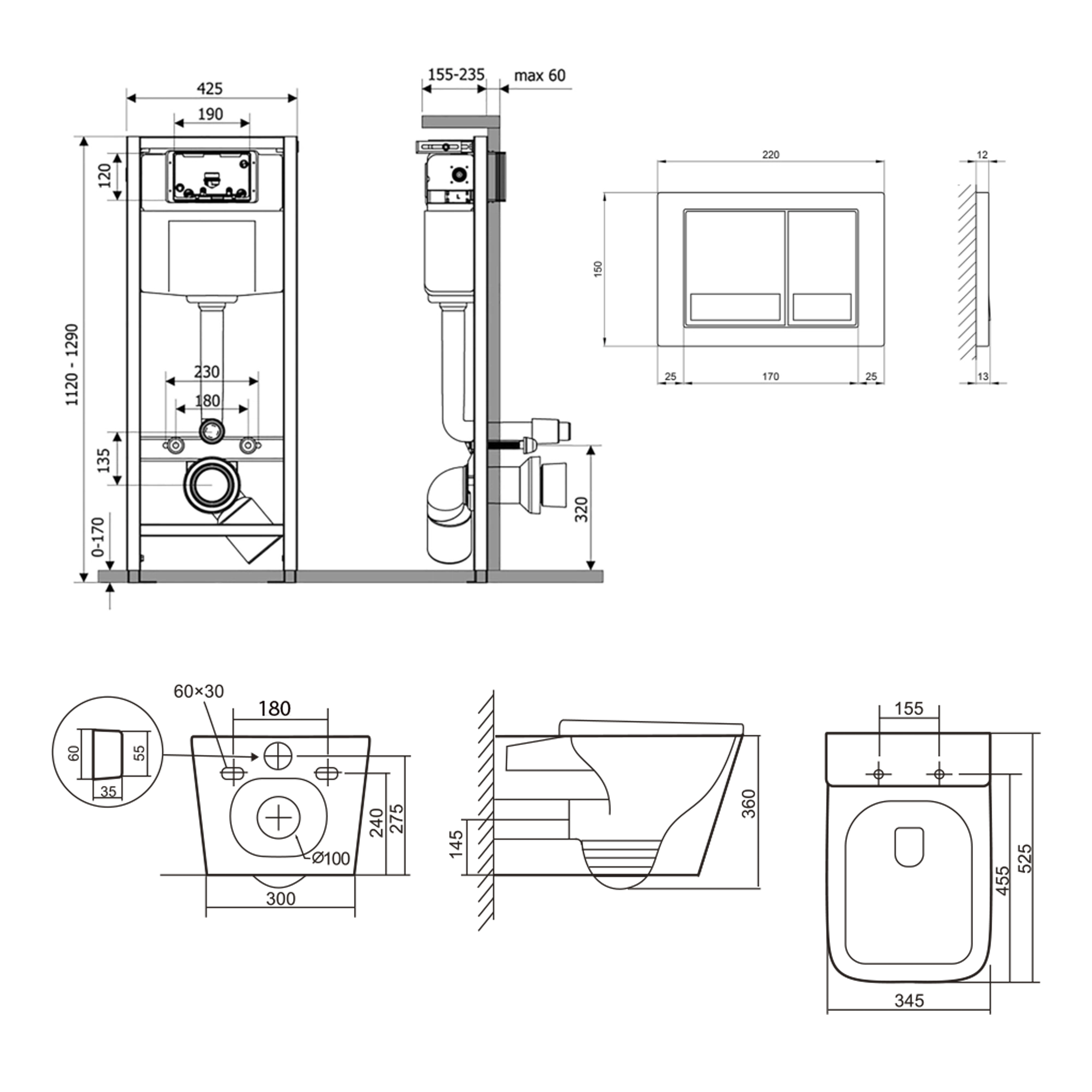 Готове рішення Qtap для ванної кімнати: підвісний унітаз Tern Ultra Quiet 525x345x360 + комплект інсталяції Nest 4 в 1 (квадратна клавіша Satin) — фото2