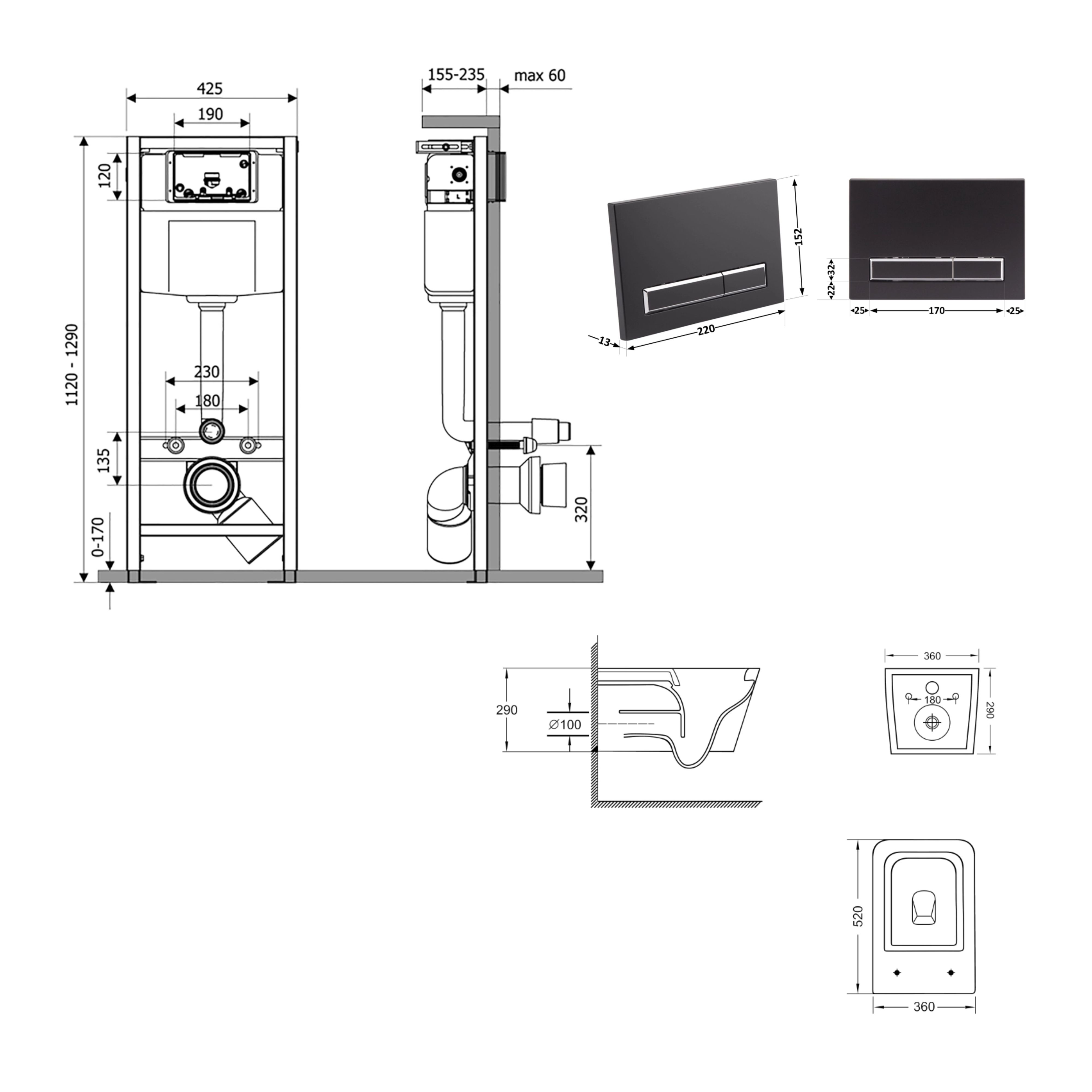 Готове рішення Qtap для ванної кімнати: підвісний унітаз Crow Ultra Quiet 520x360x290 + комплект інсталяції Nest 4 в 1 (лінійна клавіша Matt Black) — фото2