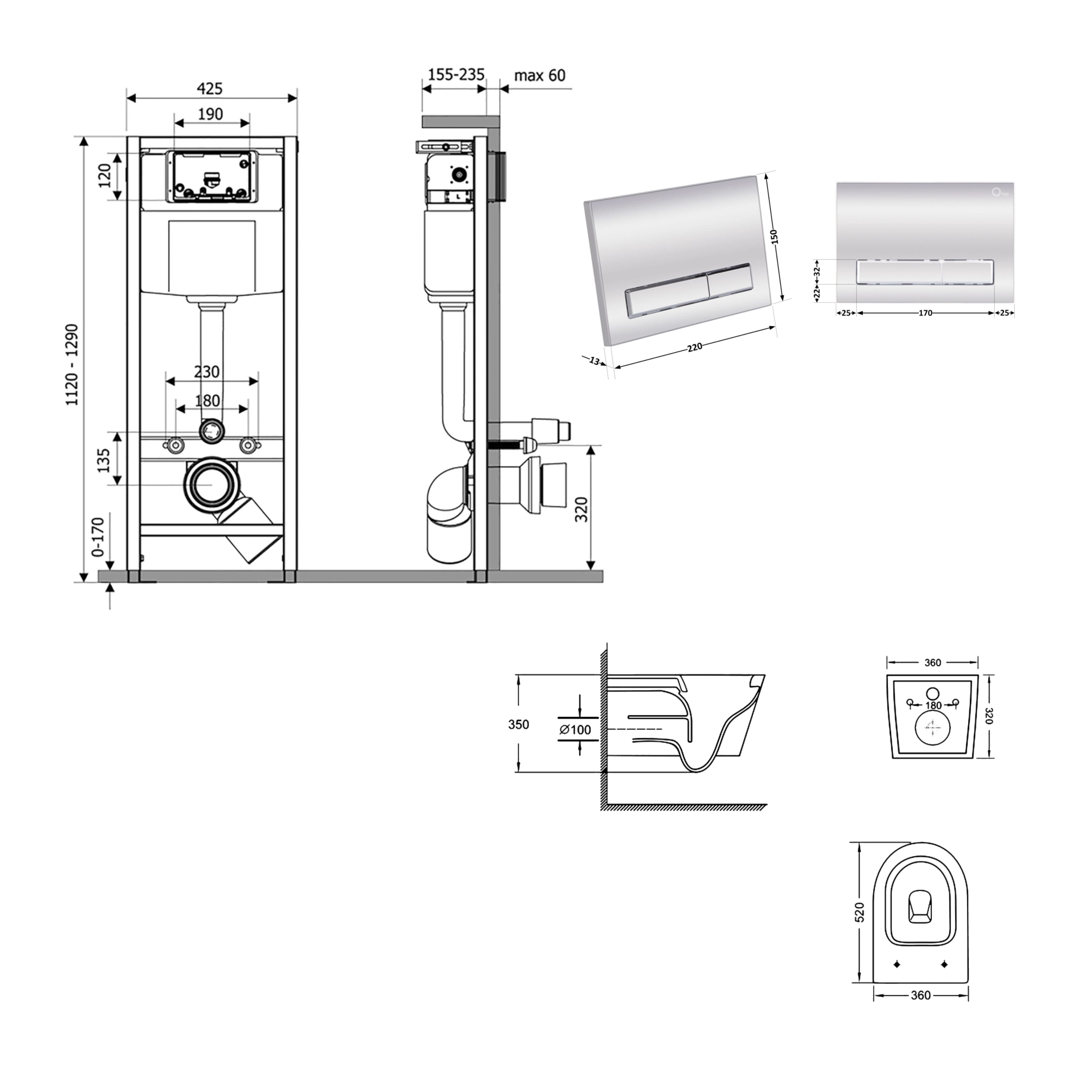 Готове рішення Qtap для ванної кімнати: підвісний унітаз Swan Ultra Quiet 520x360x320 + комплект інсталяції Nest 4 в 1 (лінійна клавіша Chrome) — фото2