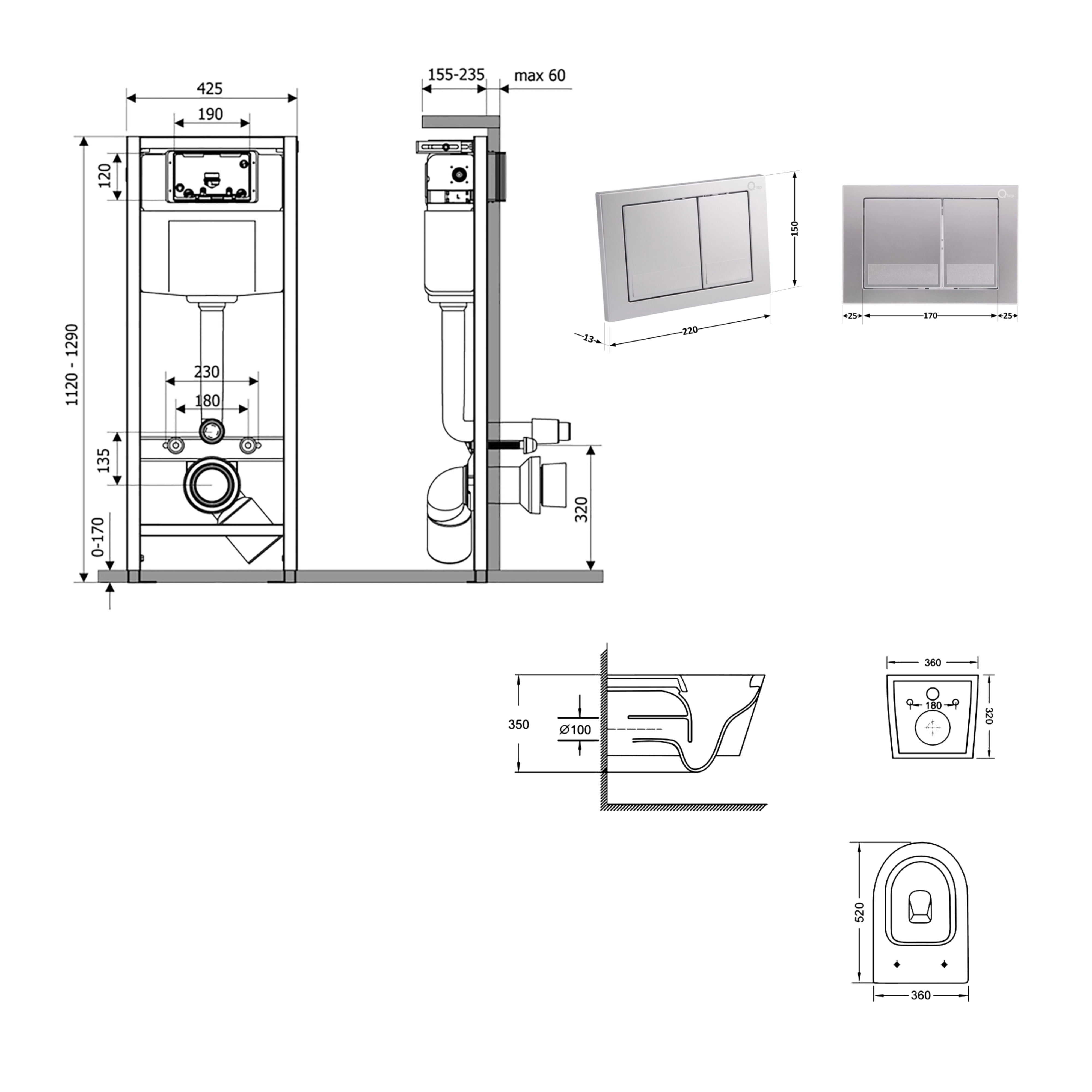 Готове рішення Qtap для ванної кімнати: підвісний унітаз Swan Ultra Quiet 520x360x320 + комплект інсталяції Nest 4 в 1 (квадратна клавіша Satin) — фото2