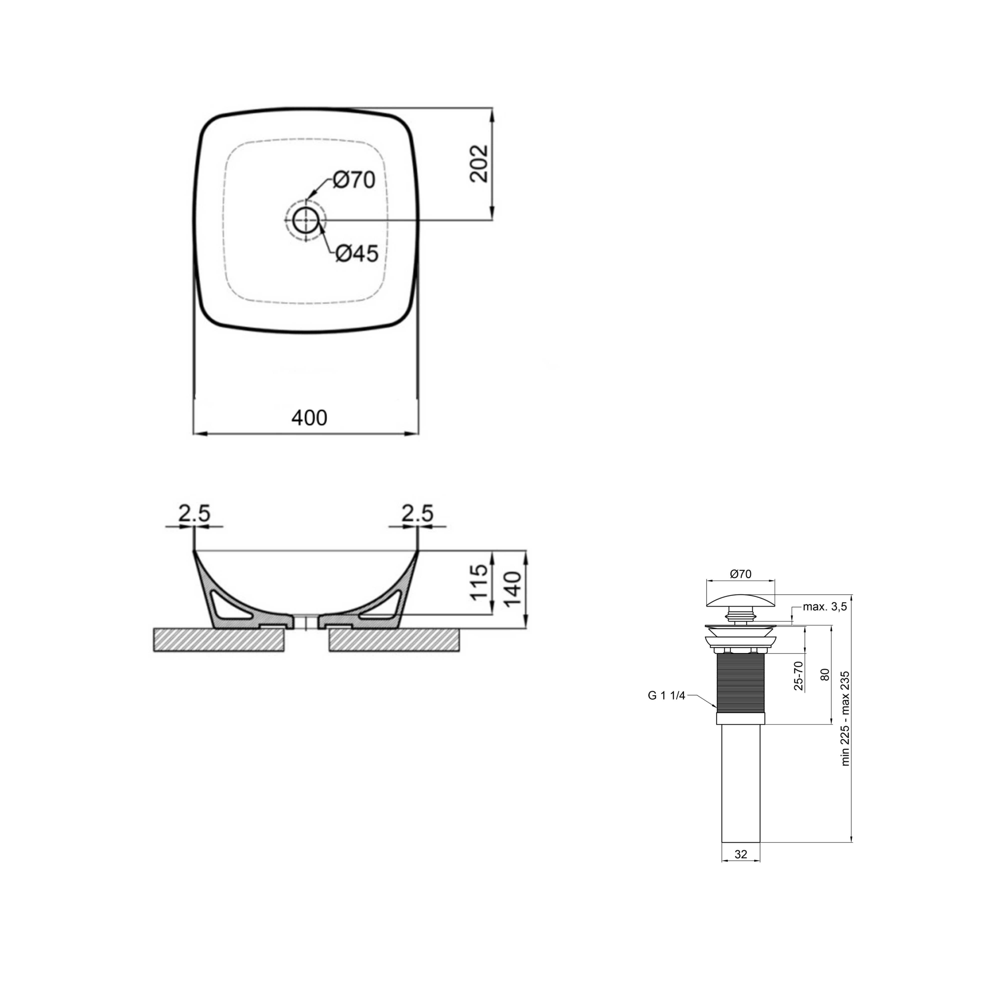Комплект Qtap Kolibri: Раковина накладна 400x400x140 мм, White, квадратна + Донний клапан Pop-up PU02 — фото2