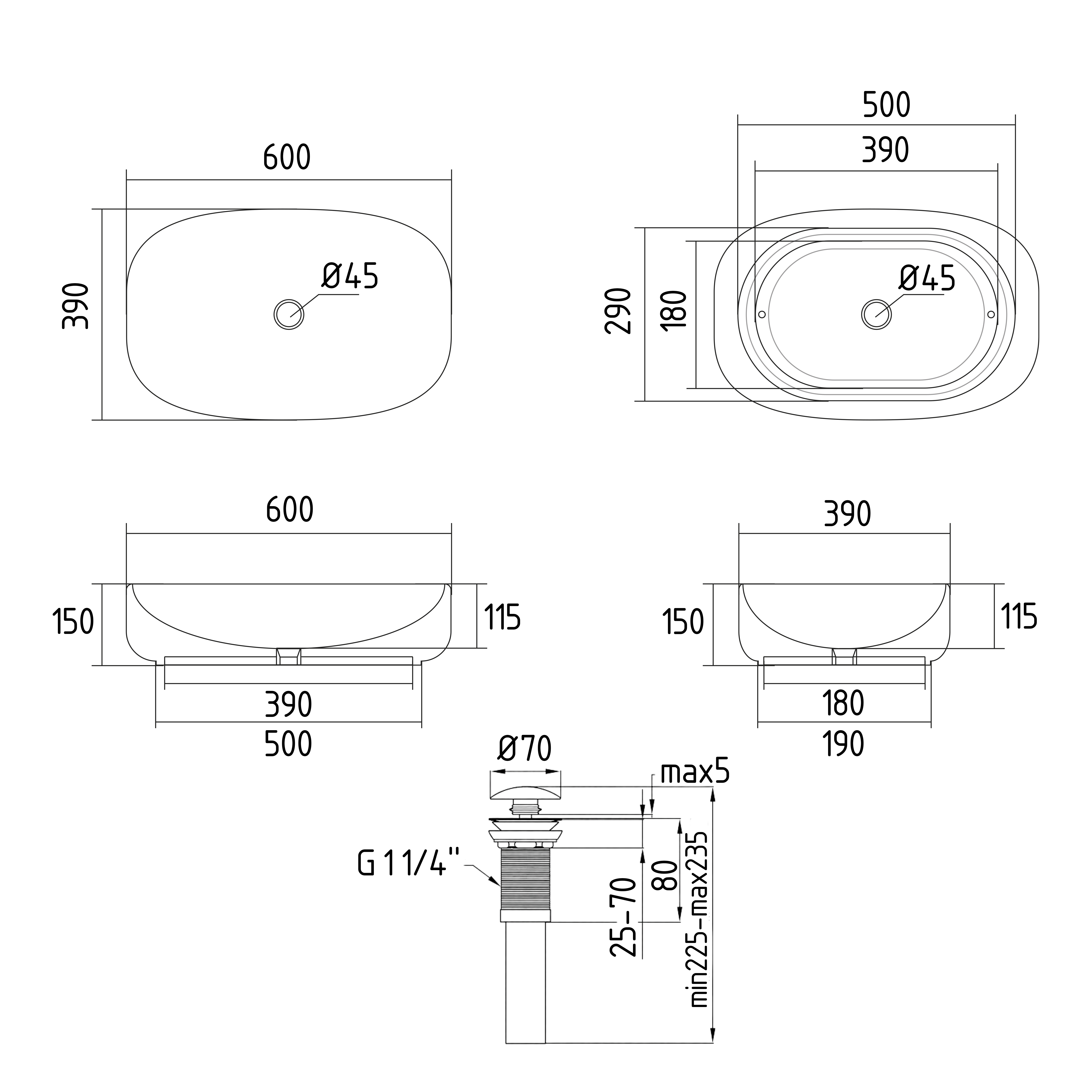 Раковина накладна Qtap Robin 600x390x150 мм, Stone grey, прямокутна, з донним клапаном QTROB188SG49786 — фото2
