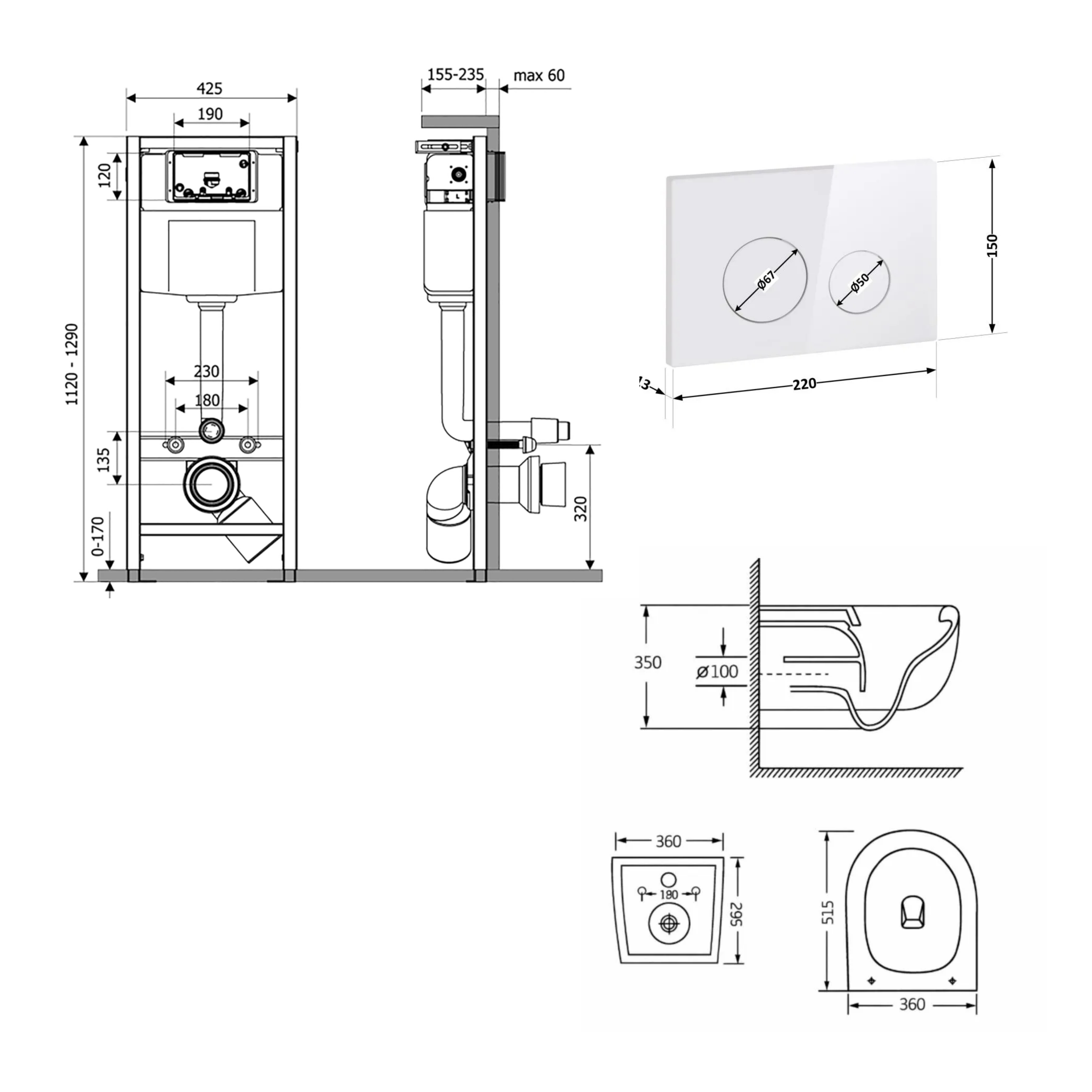 Готове рішення Qtap для ванної кімнати: підвісний унітаз Taurus Ultra Quiet 515×360×350 + комплект інсталяції Nest 4 в 1 (кругла клавіша White) — фото2