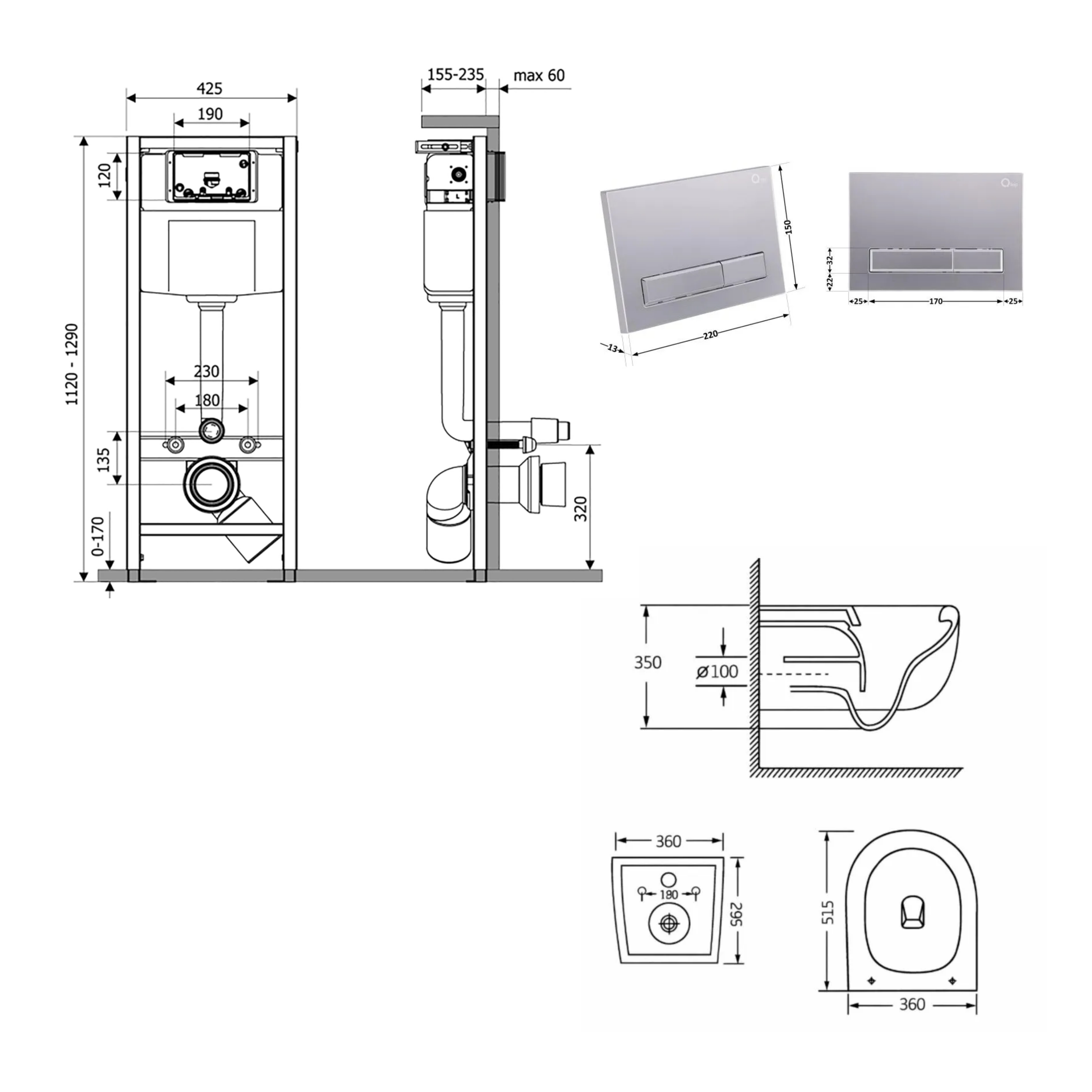 Готове рішення Qtap для ванної кімнати: підвісний унітаз Taurus Ultra Quiet 515×360×350 + комплект інсталяції Nest 4 в 1 (лінійна клавіша Satin) — фото2