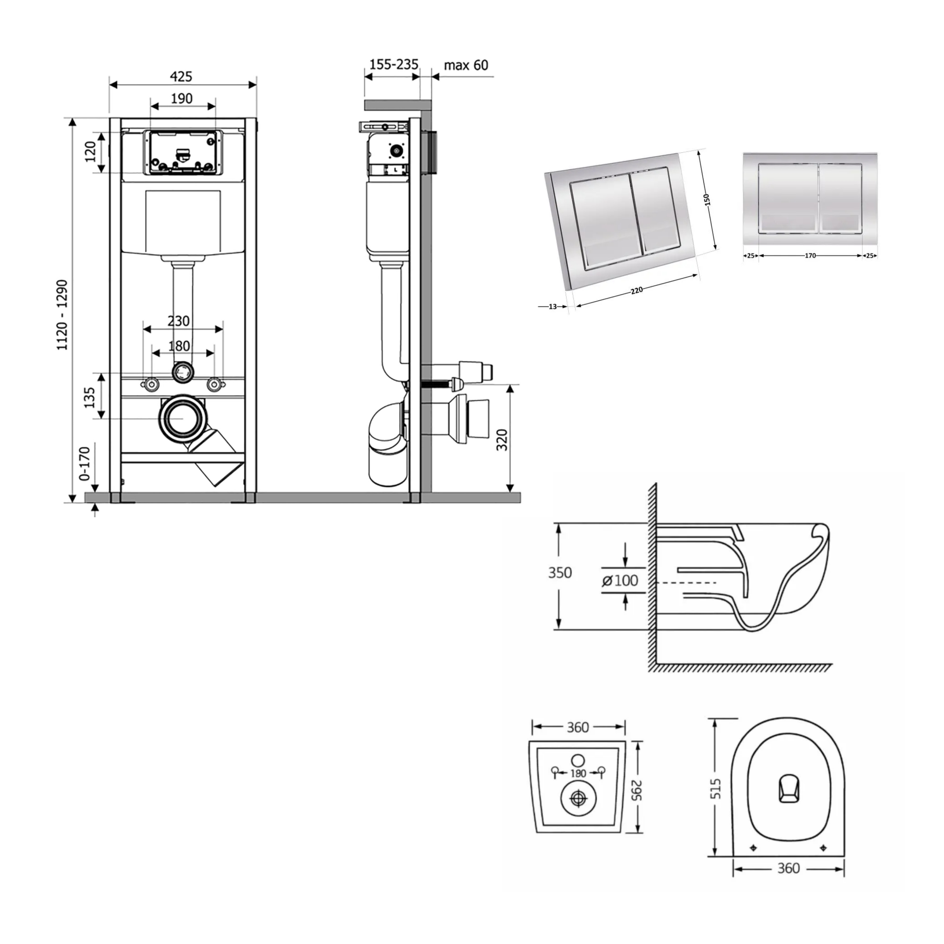 Готове рішення Qtap для ванної кімнати: підвісний унітаз Taurus Ultra Quiet 515×360×350 + комплект інсталяції Nest 4 в 1 (квадратна клавіша Chrome) — фото2