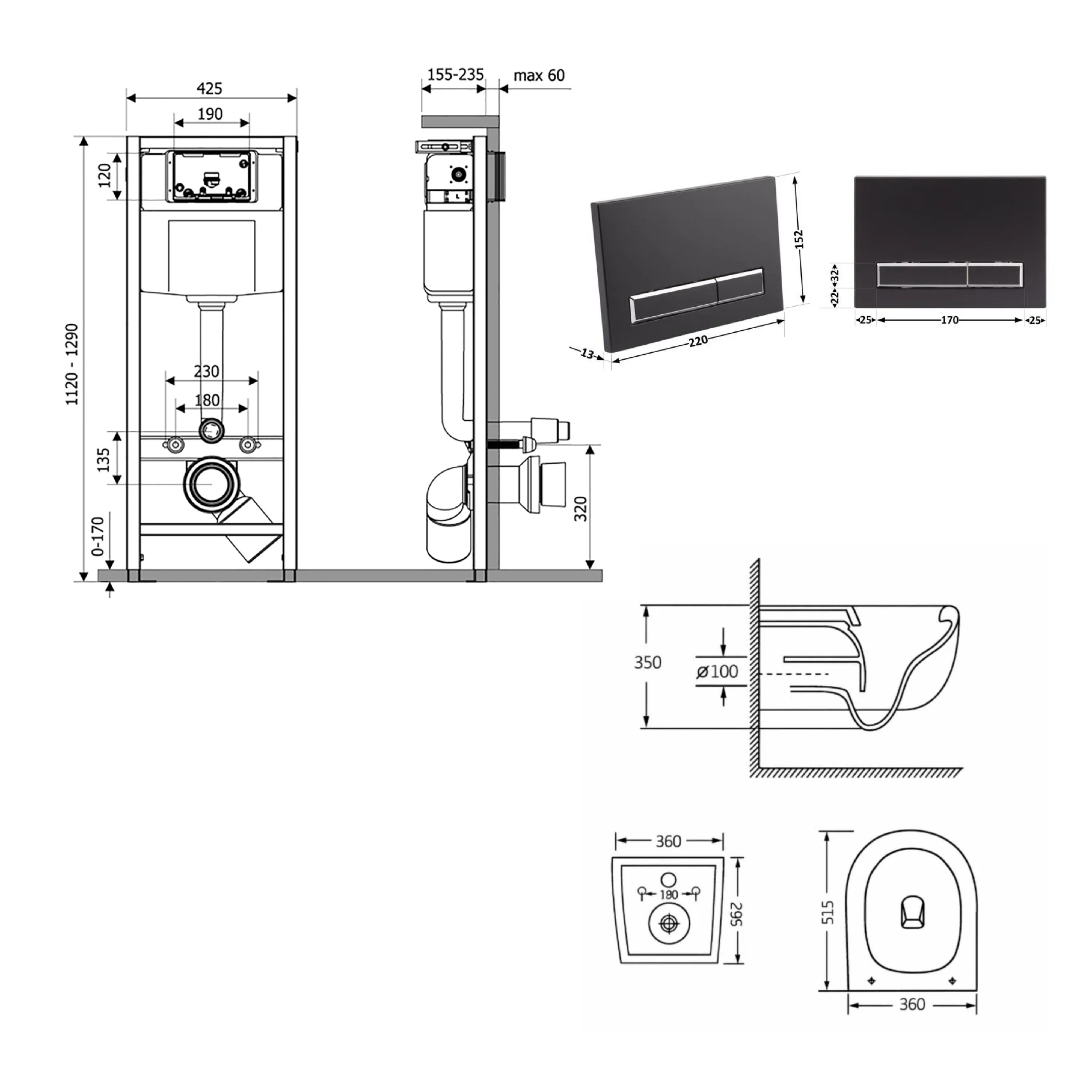 Готове рішення Qtap для ванної кімнати: підвісний унітаз Taurus Ultra Quiet 515×360×350  + комплект інсталяції Nest 4 в 1 (лінійна клавіша Matt Black) — фото2