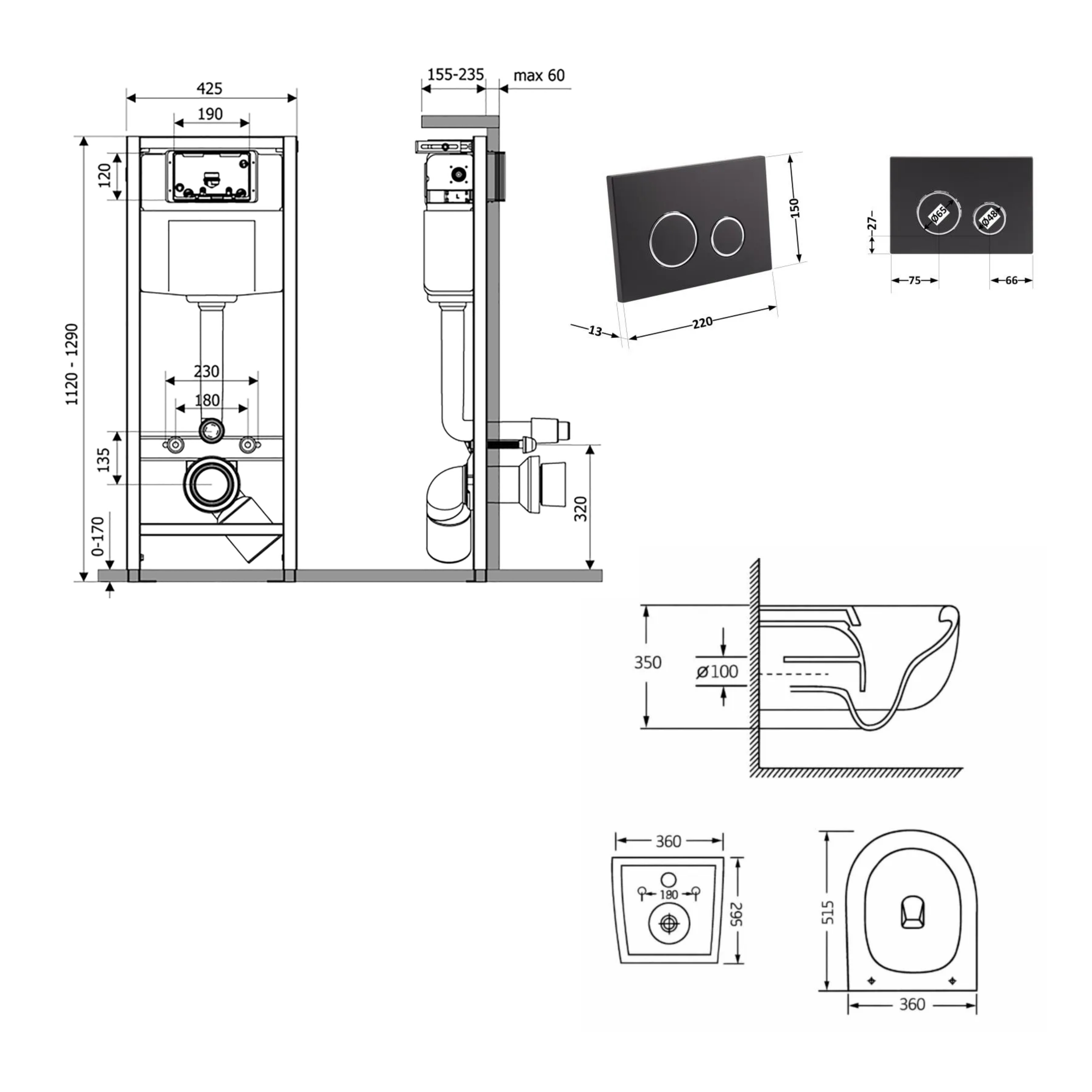 Готове рішення Qtap для ванної кімнати: підвісний унітаз Taurus Ultra Quiet 515×360×350 + комплект інсталяції Nest 4 в 1 (кругла клавіша Matt Black) — фото2