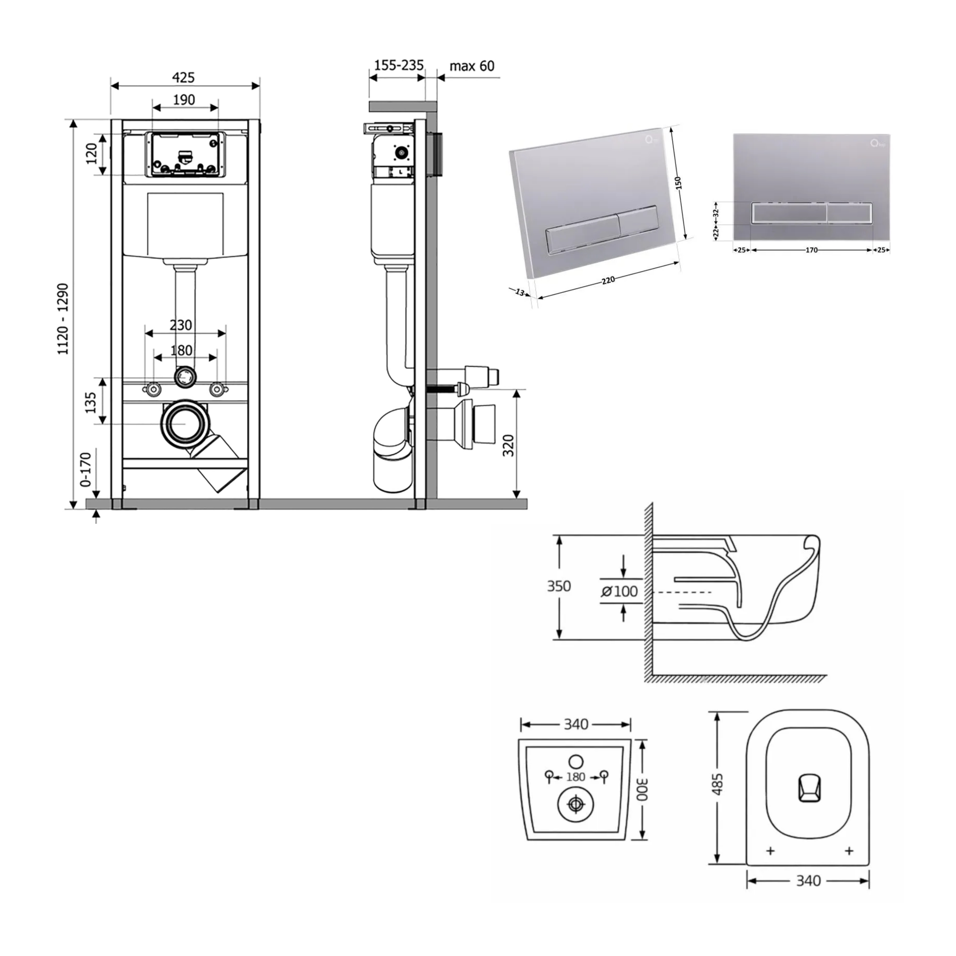 Готове рішення Qtap для ванної кімнати: підвісний унітаз Gemini Ultra Quiet 485×340×350 + комплект інсталяції Nest 4 в 1 (лінійна клавіша Satin) — фото2