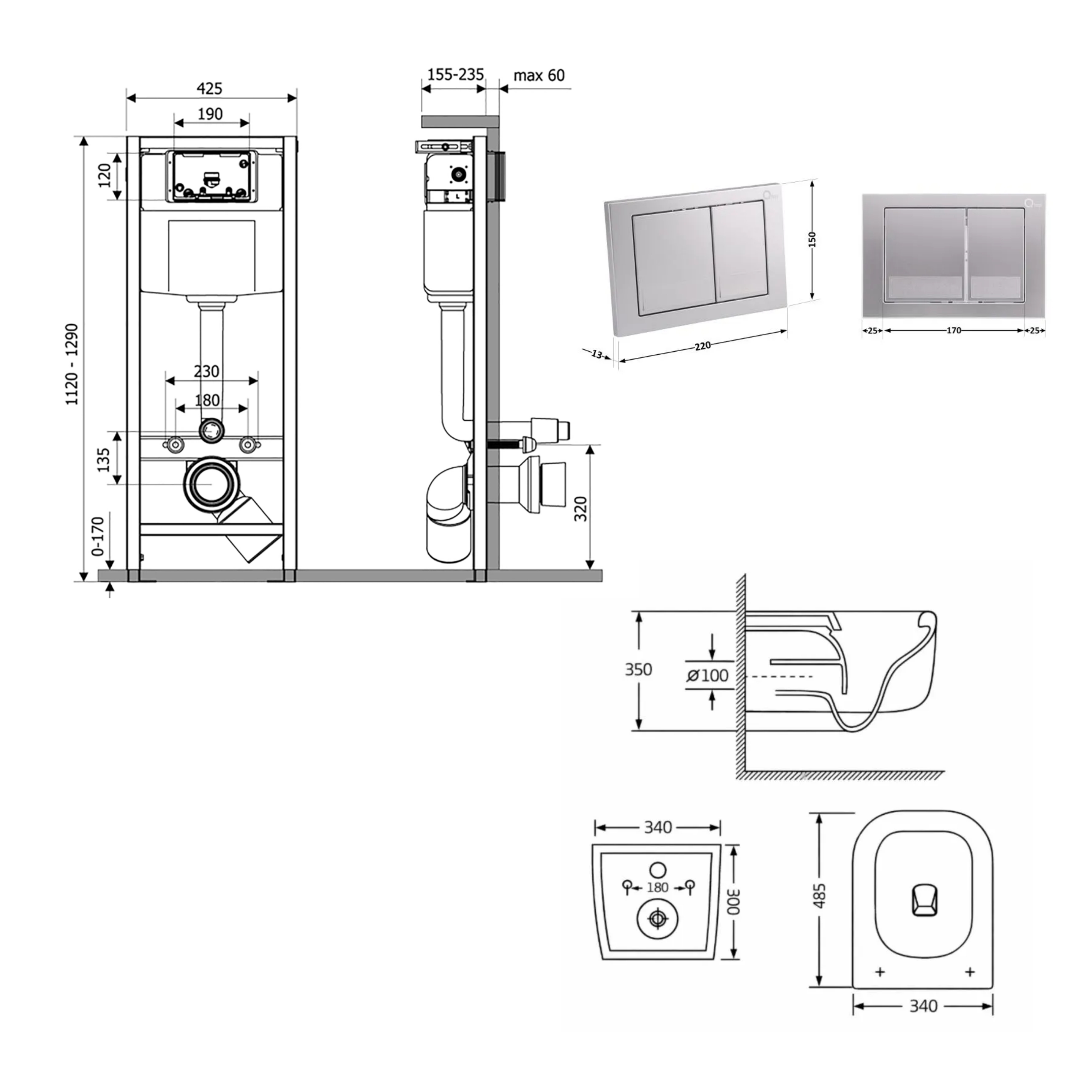 Готове рішення Qtap для ванної кімнати: підвісний унітаз Gemini Ultra Quiet 485×340×350 + комплект інсталяції Nest 4 в 1 (квадратна клавіша Satin) — фото2