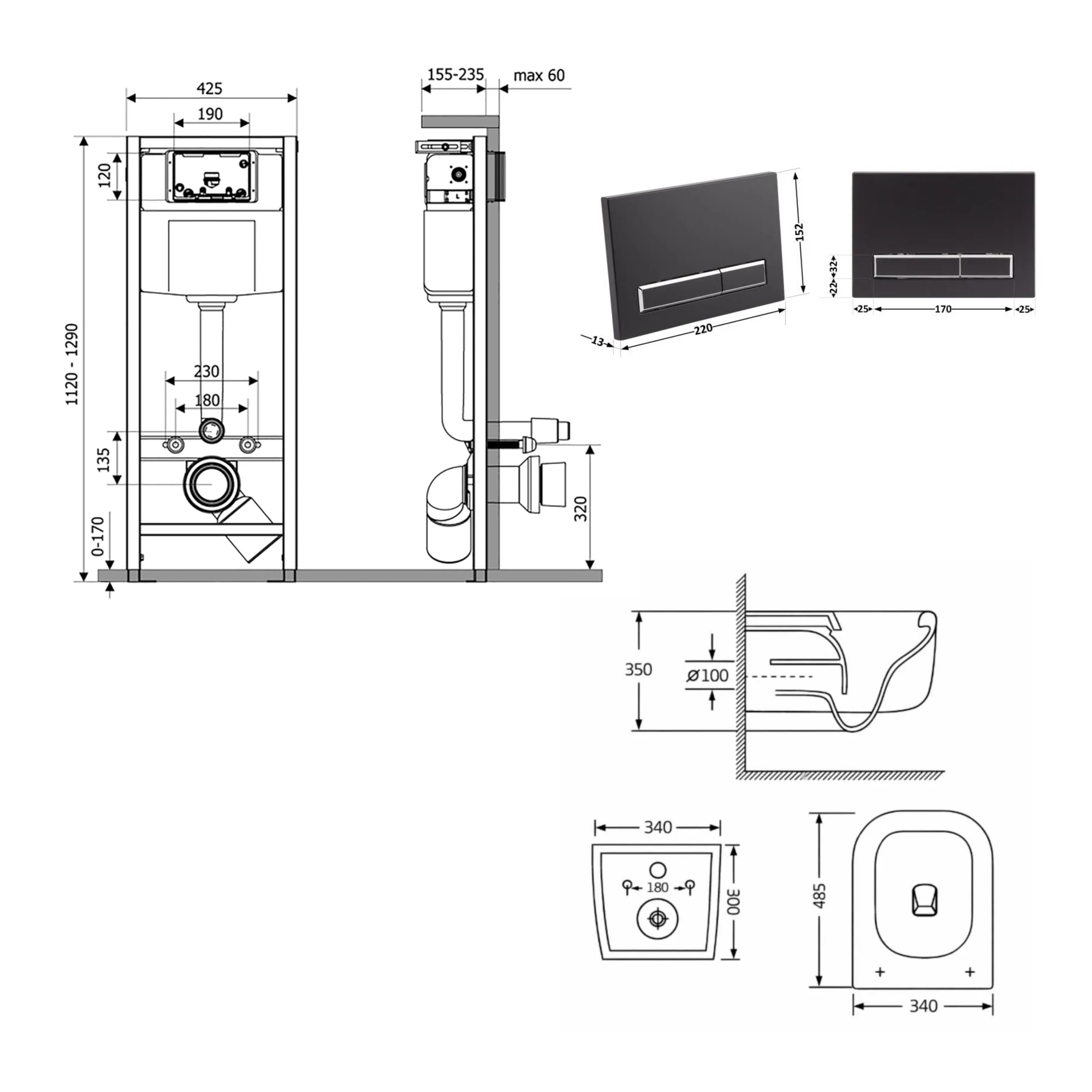 Готове рішення Qtap для ванної кімнати: підвісний унітаз Gemini Ultra Quiet 485×340×350  + комплект інсталяції Nest 4 в 1 (лінійна клавіша Matt Black) — фото2