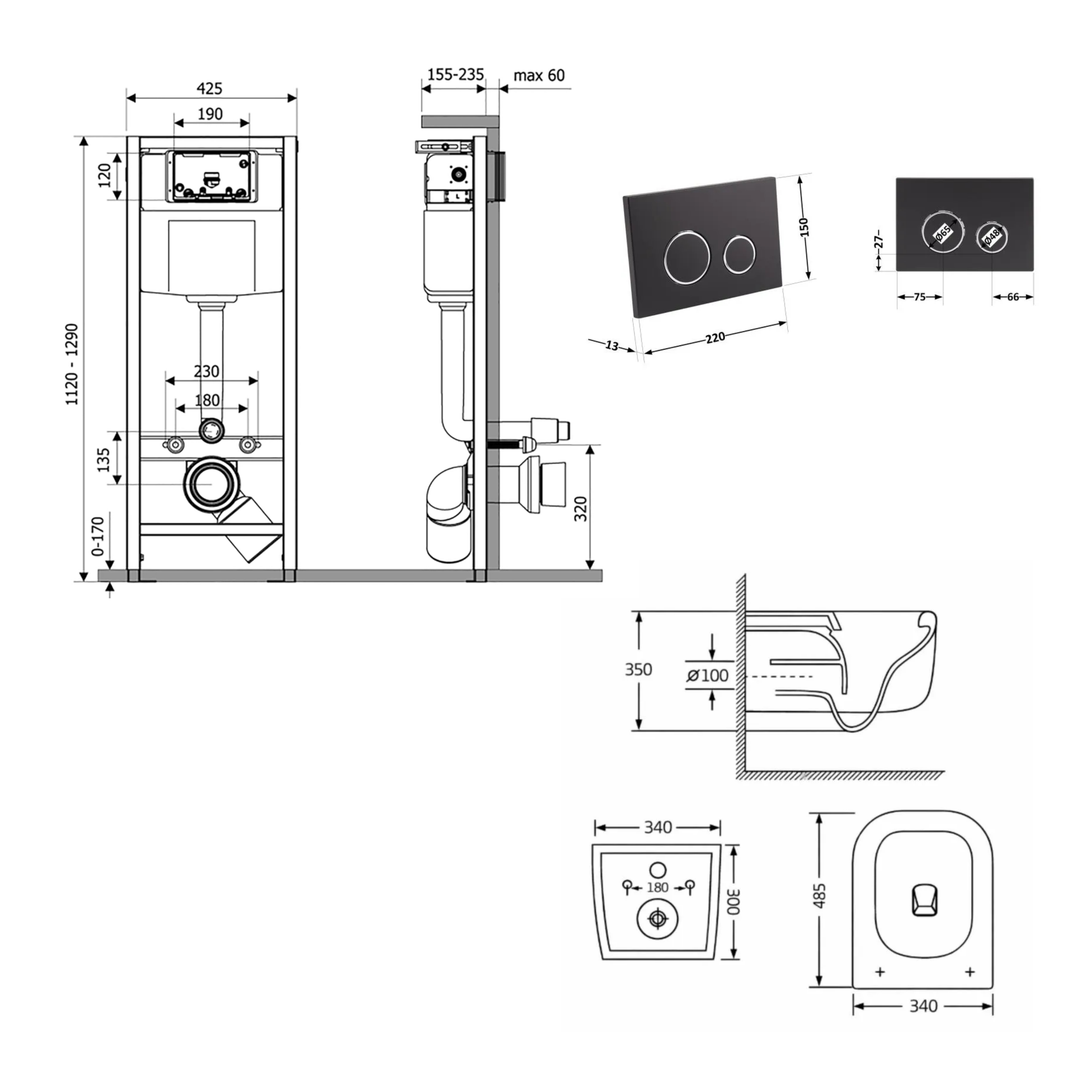 Готове рішення Qtap для ванної кімнати: підвісний унітаз Gemini Ultra Quiet 485×340×350 + комплект інсталяції Nest 4 в 1 (кругла клавіша Matt Black) — фото2