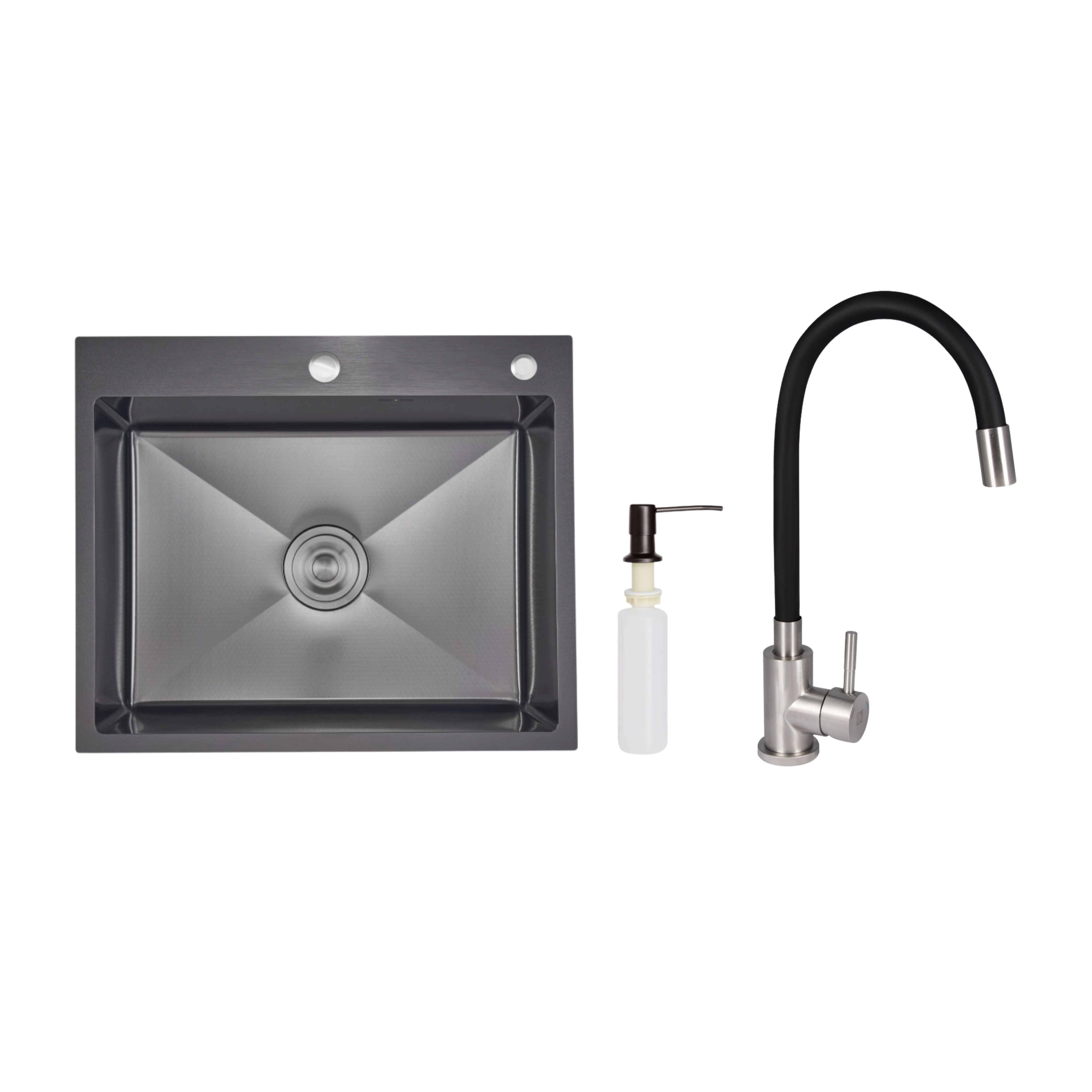 Акційний набір Lidz: мийка інтегрована 6050 Decor Black PVD Honeycomb 2,5/0,5 мм + Змішувач Aria для кухні з гнучким виливом (k35) Black
