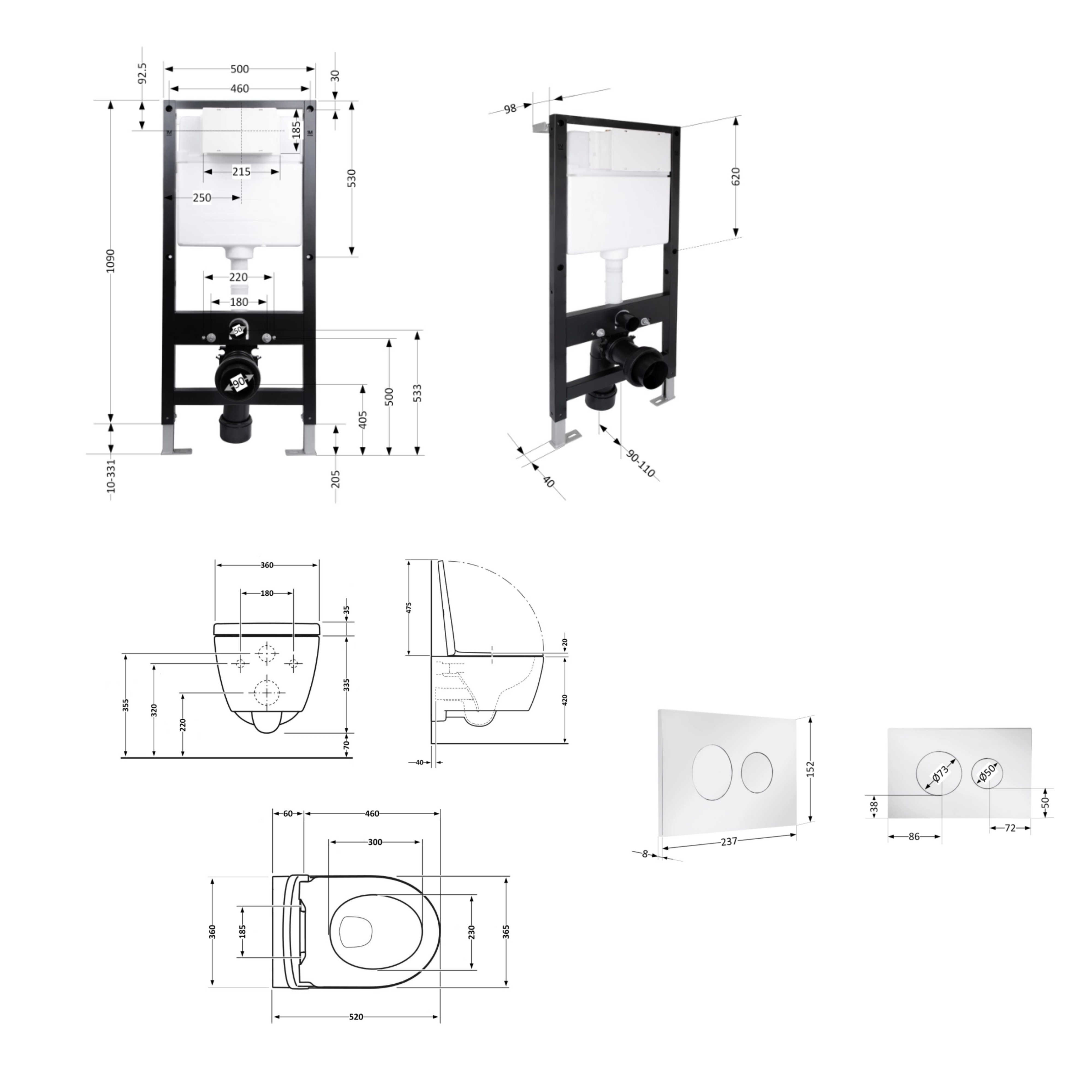 Готове рішення Qtap для ванної кімнати: підвісний унітаз Jay Rimless 520x360x320 + комплект інсталяції Standard (кругла клавіша Chrome) — фото2