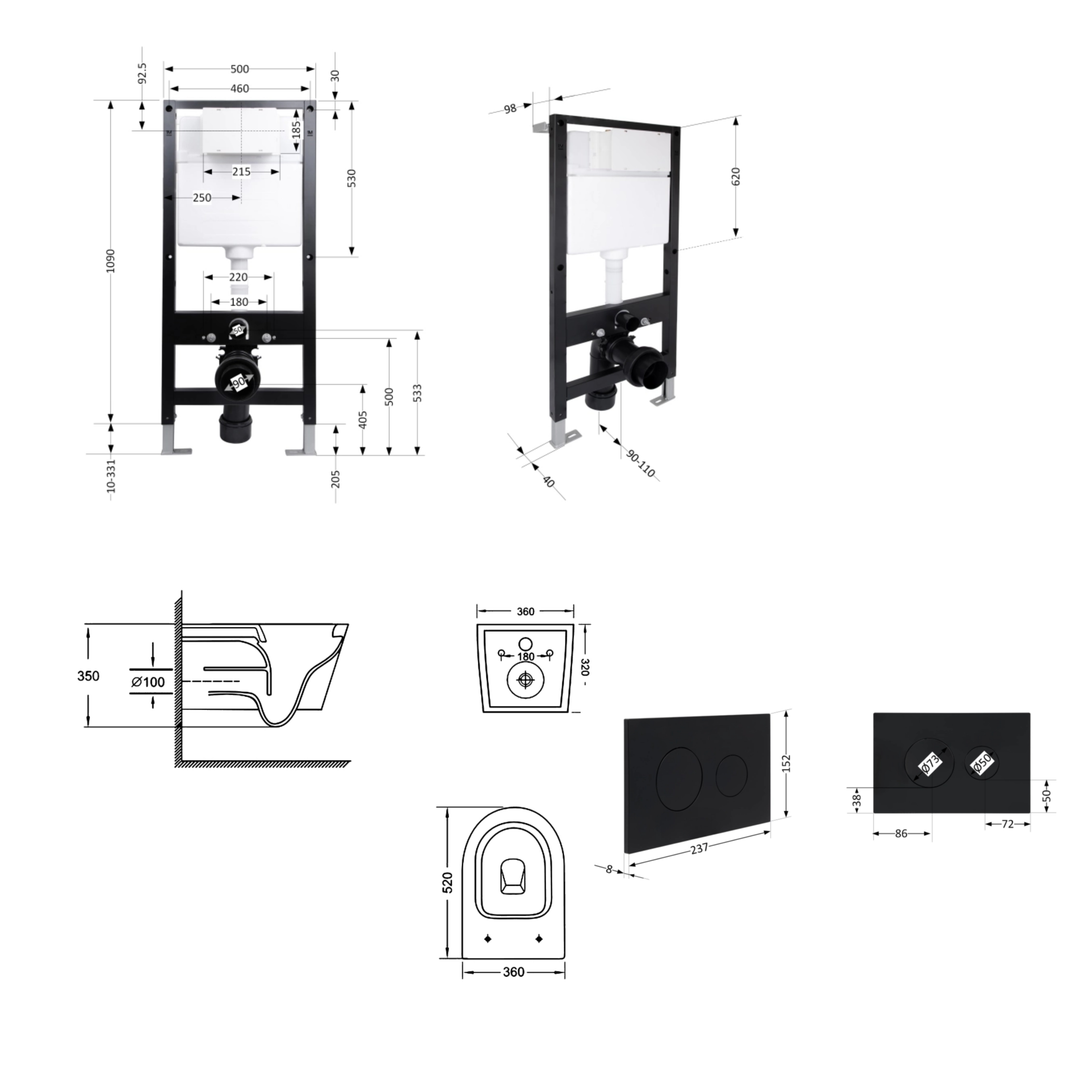 Готове рішення Qtap для ванної кімнати: підвісний унітаз Jay Ultra Quiet 520x360x320 + комплект інсталяції Standard (кругла клавіша Black) — фото2