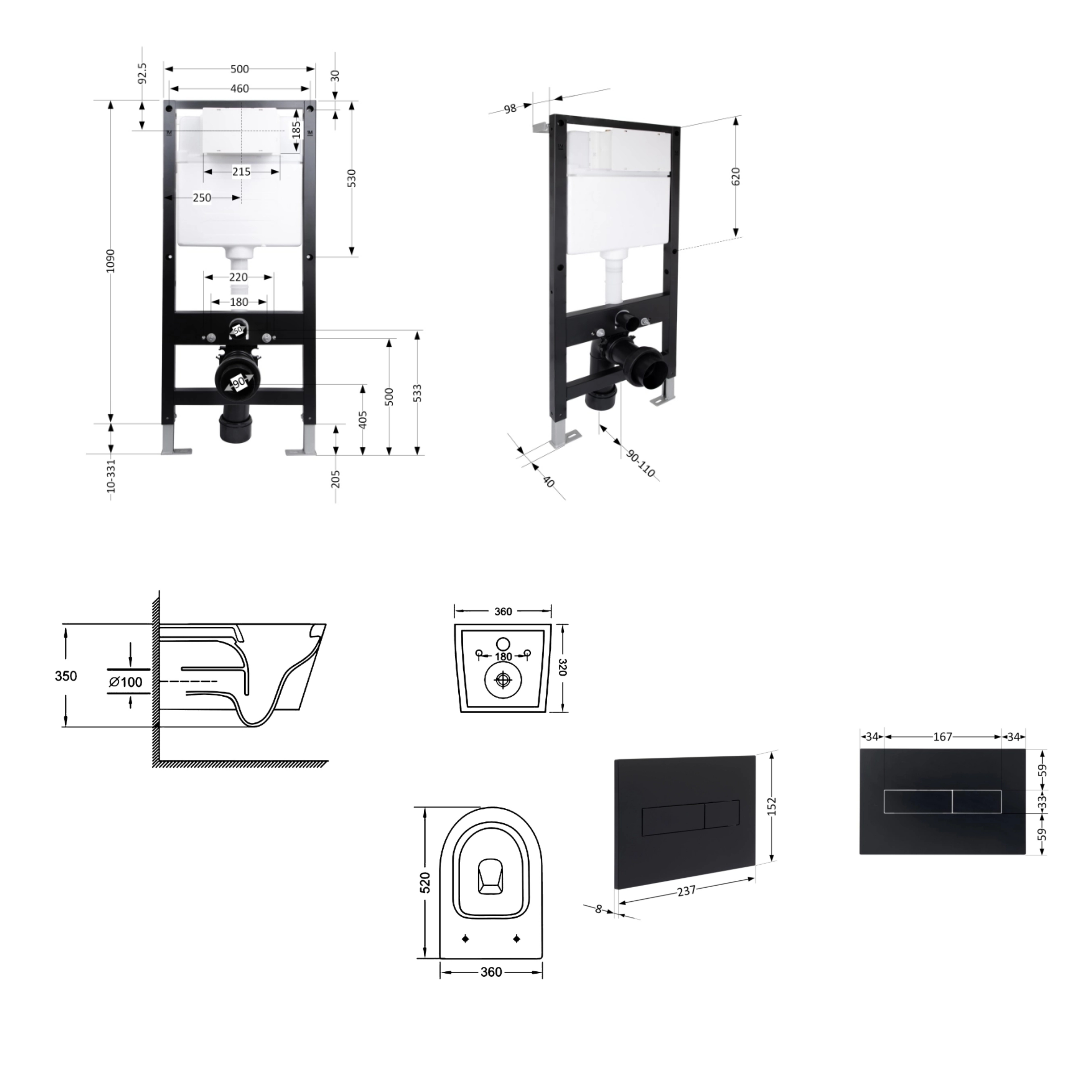 Готове рішення Qtap для ванної кімнати: підвісний унітаз Jay Ultra Quiet 520x360x320 + комплект інсталяції Standard (лінійна клавіша Black) — фото2