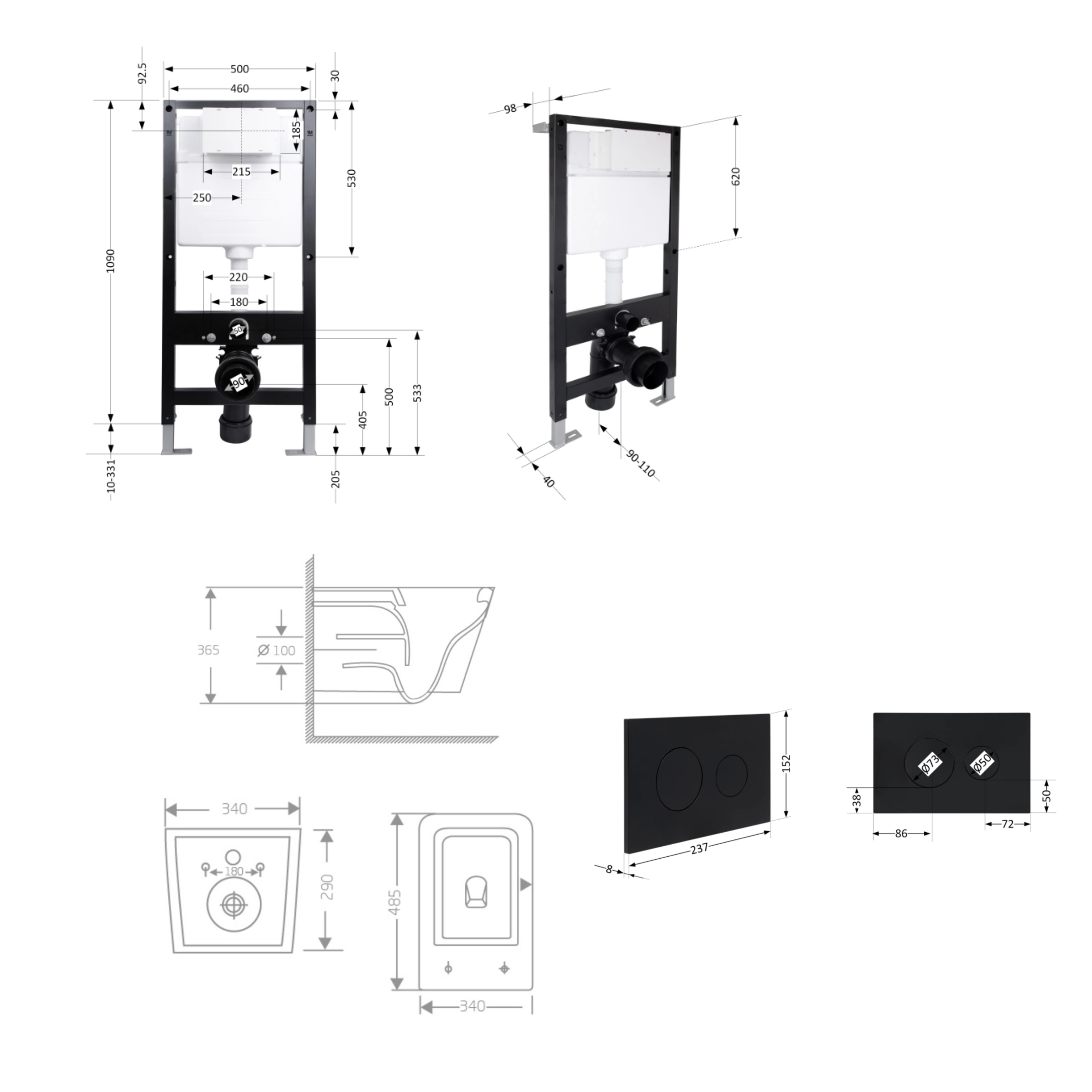 Готове рішення Qtap для ванної кімнати: підвісний унітаз Crow Rimless 485x340x330 + комплект інсталяції Standard (кругла клавіша Black) — фото2