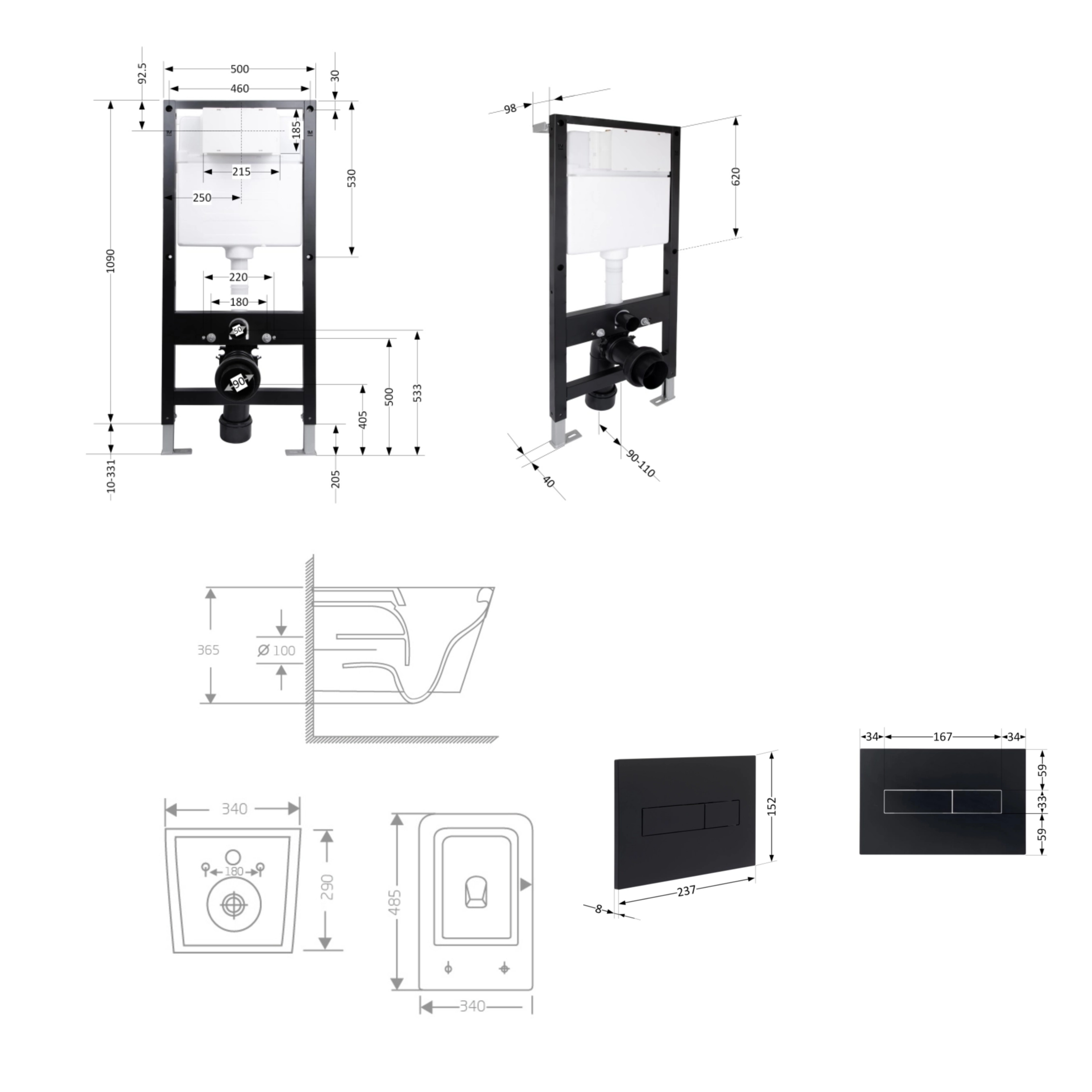 Готове рішення Qtap для ванної кімнати: підвісний унітаз Crow Rimless 485x340x330 + комплект інсталяції Standard (лінійна клавіша Black) — фото2