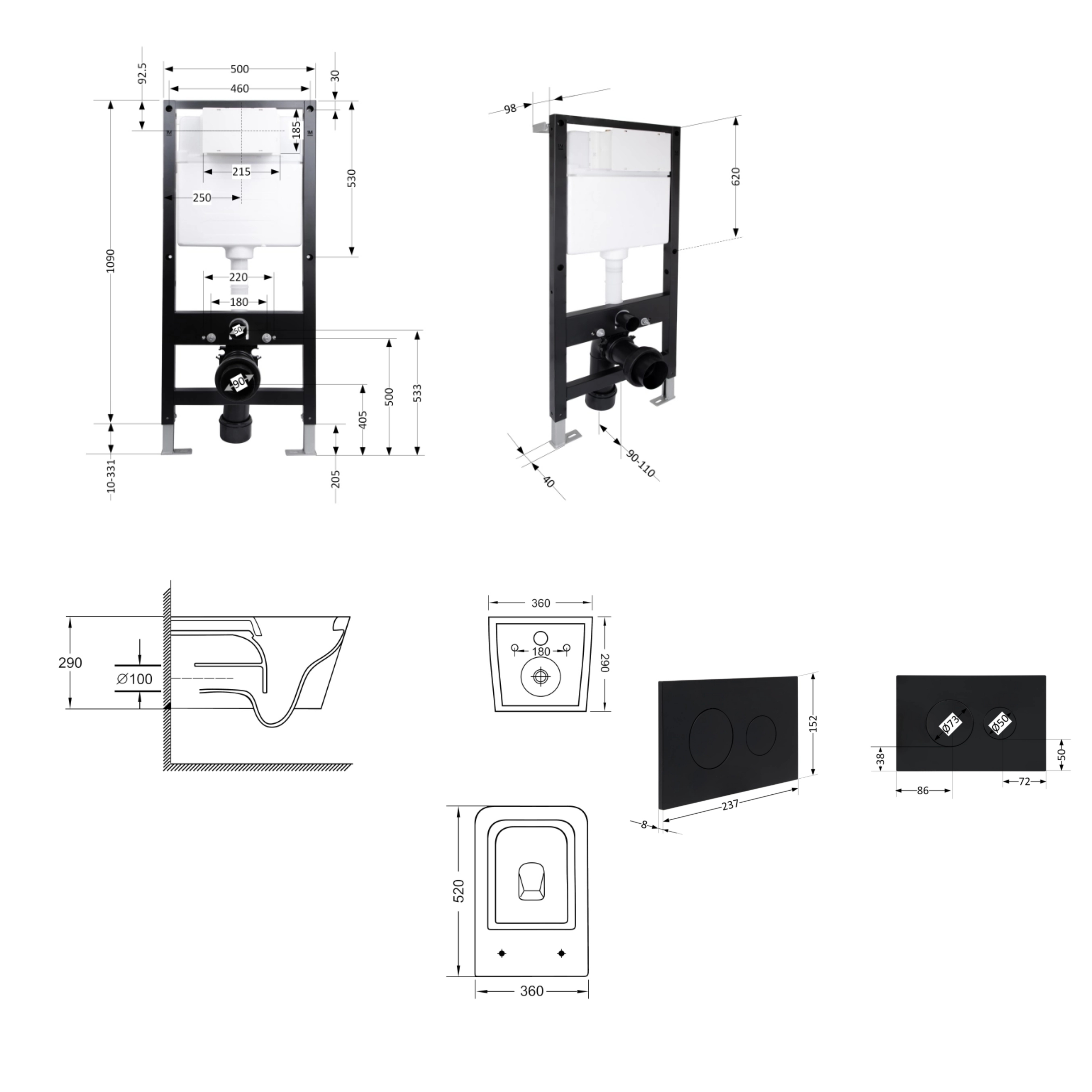 Готове рішення Qtap для ванної кімнати: підвісний унітаз Crow Ultra Quiet 520x360x290 + комплект інсталяції Standard (кругла клавіша Black) — фото2