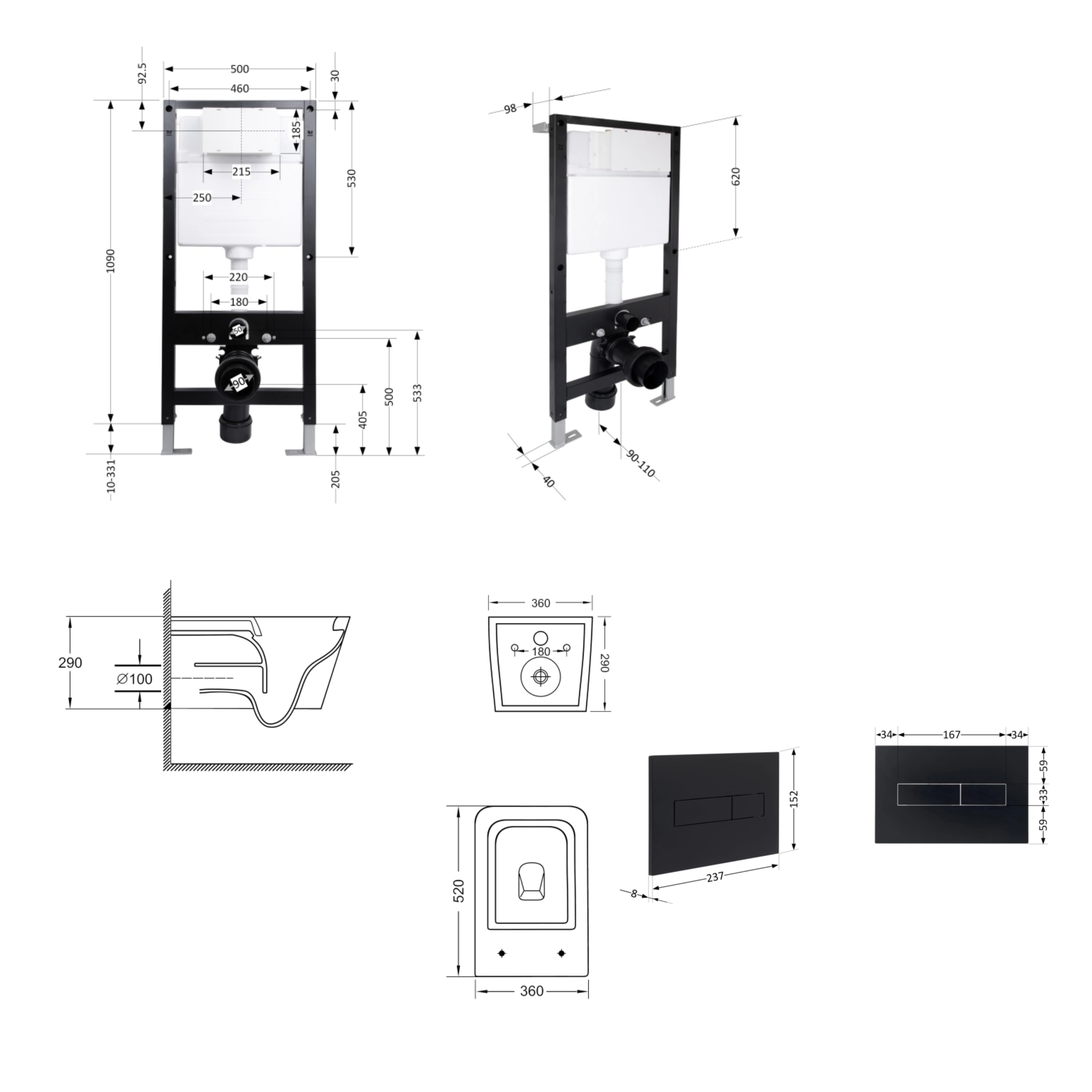 Готове рішення Qtap для ванної кімнати: підвісний унітаз Crow Ultra Quiet 520x360x290 + комплект інсталяції Standard (лінійна клавіша Black) — фото2