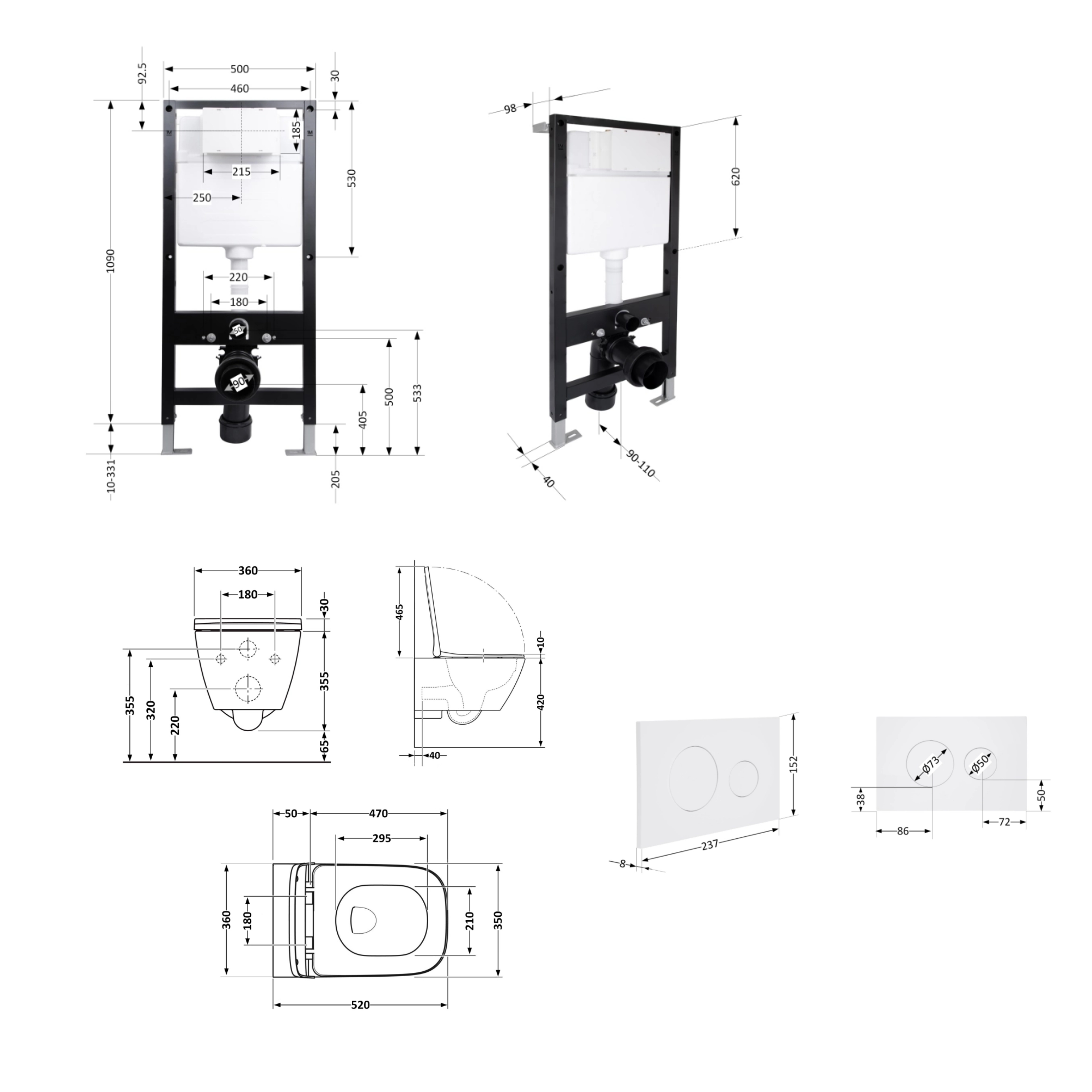 Готове рішення Qtap для ванної кімнати: підвісний унітаз Crow Rimless 520x360x290 + комплект інсталяції Standard (кругла клавіша White) — фото2