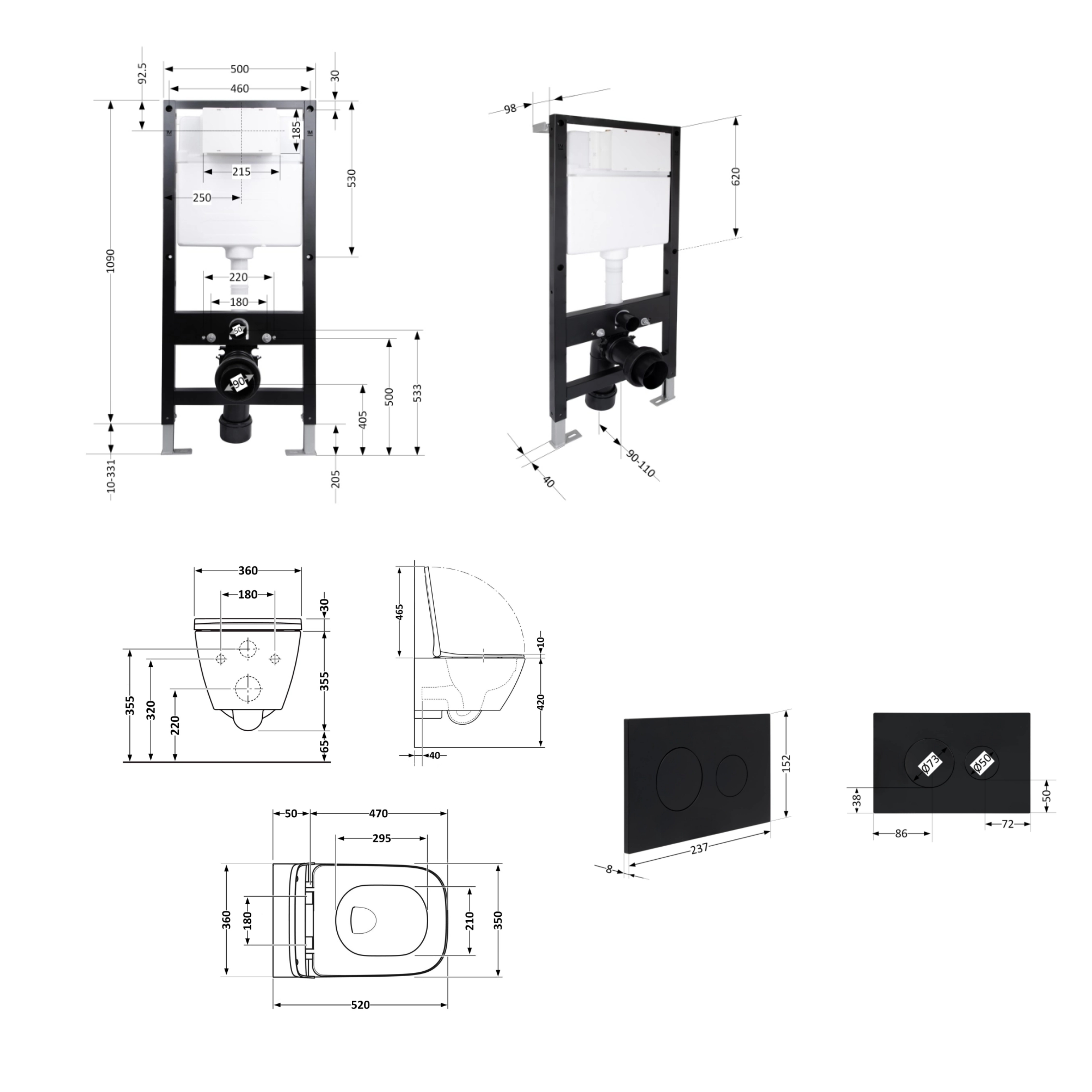 Готове рішення Qtap для ванної кімнати: підвісний унітаз Crow Rimless 520x360x290 + комплект інсталяції Standard (кругла клавіша Black) — фото2
