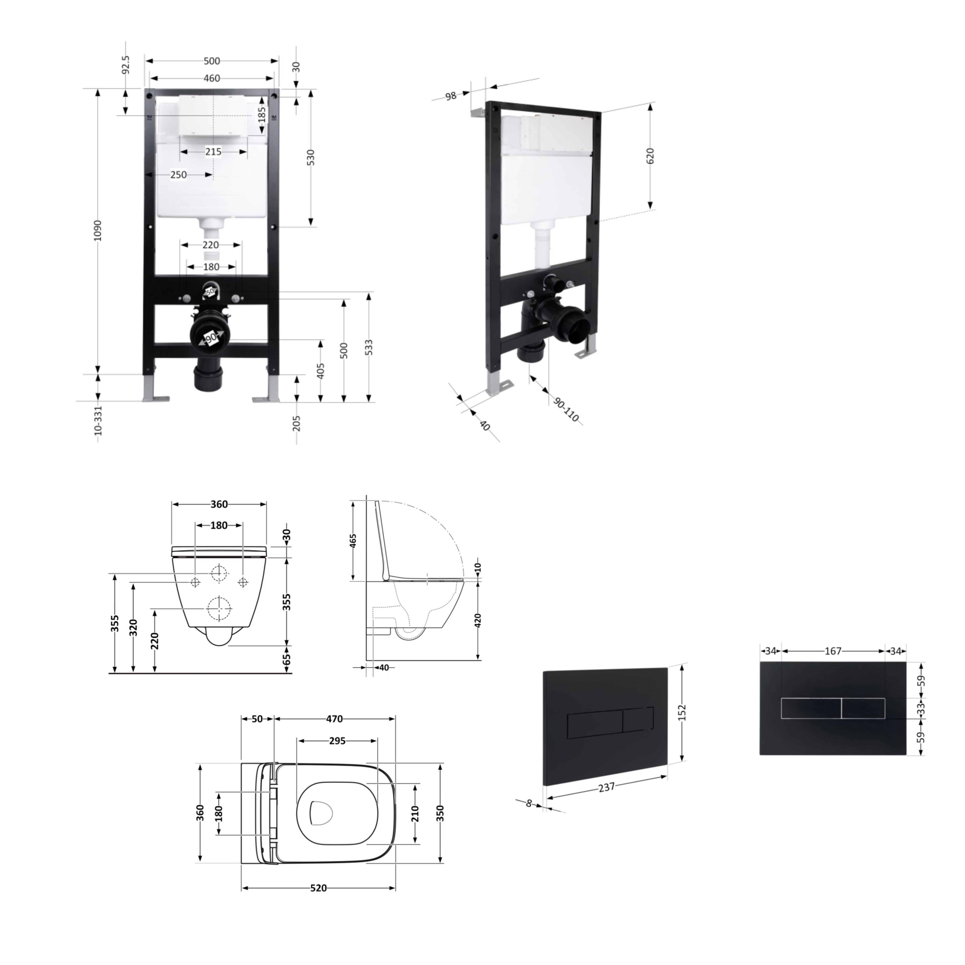 Готове рішення Qtap для ванної кімнати: підвісний унітаз Crow Rimless 520x360x290 + комплект інсталяції Standard (лінійна клавіша Black) — фото2
