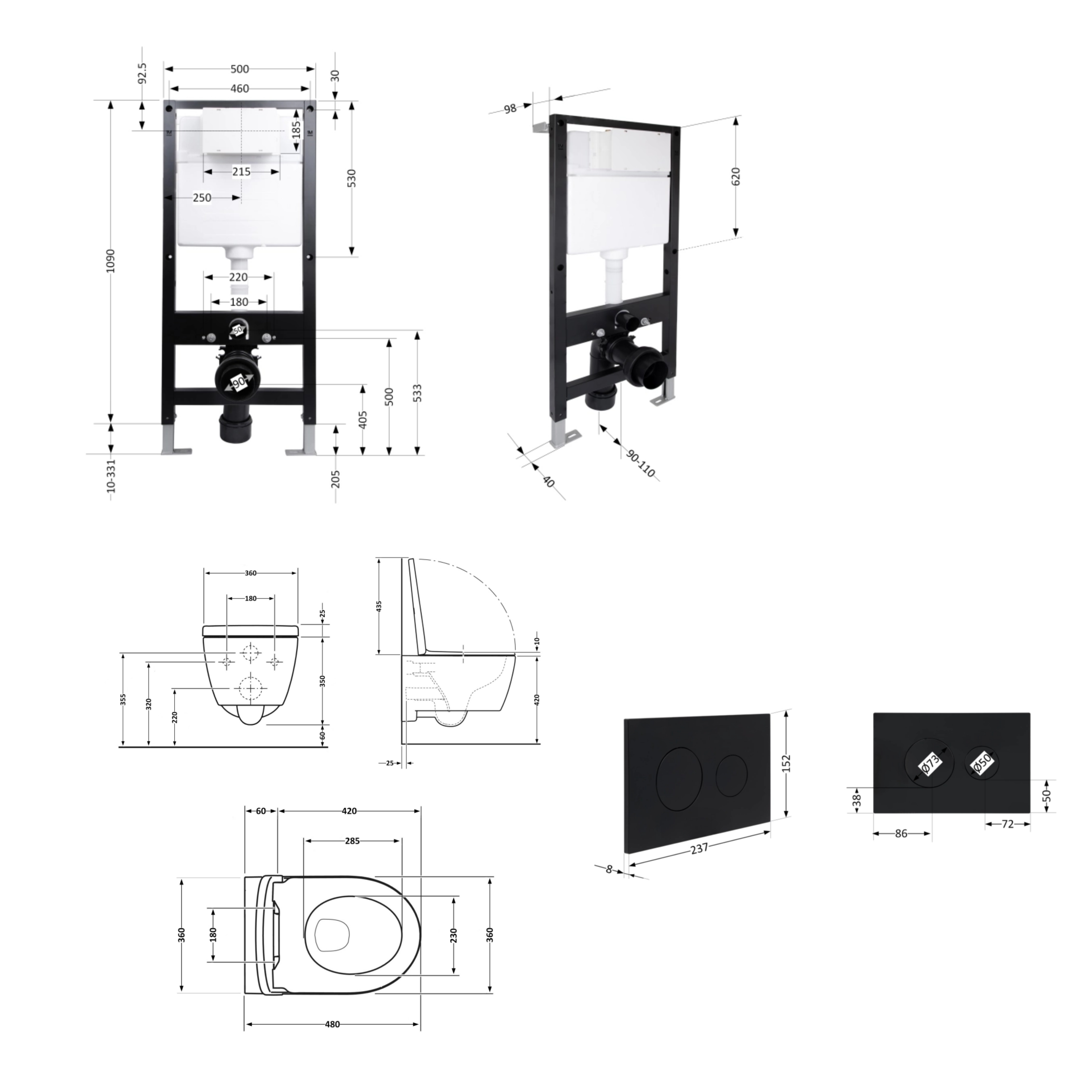 Готове рішення Qtap для ванної кімнати: підвісний унітаз Swan Ultra Quiet 485x360x320 + комплект інсталяції Standard (кругла клавіша Black) — фото2