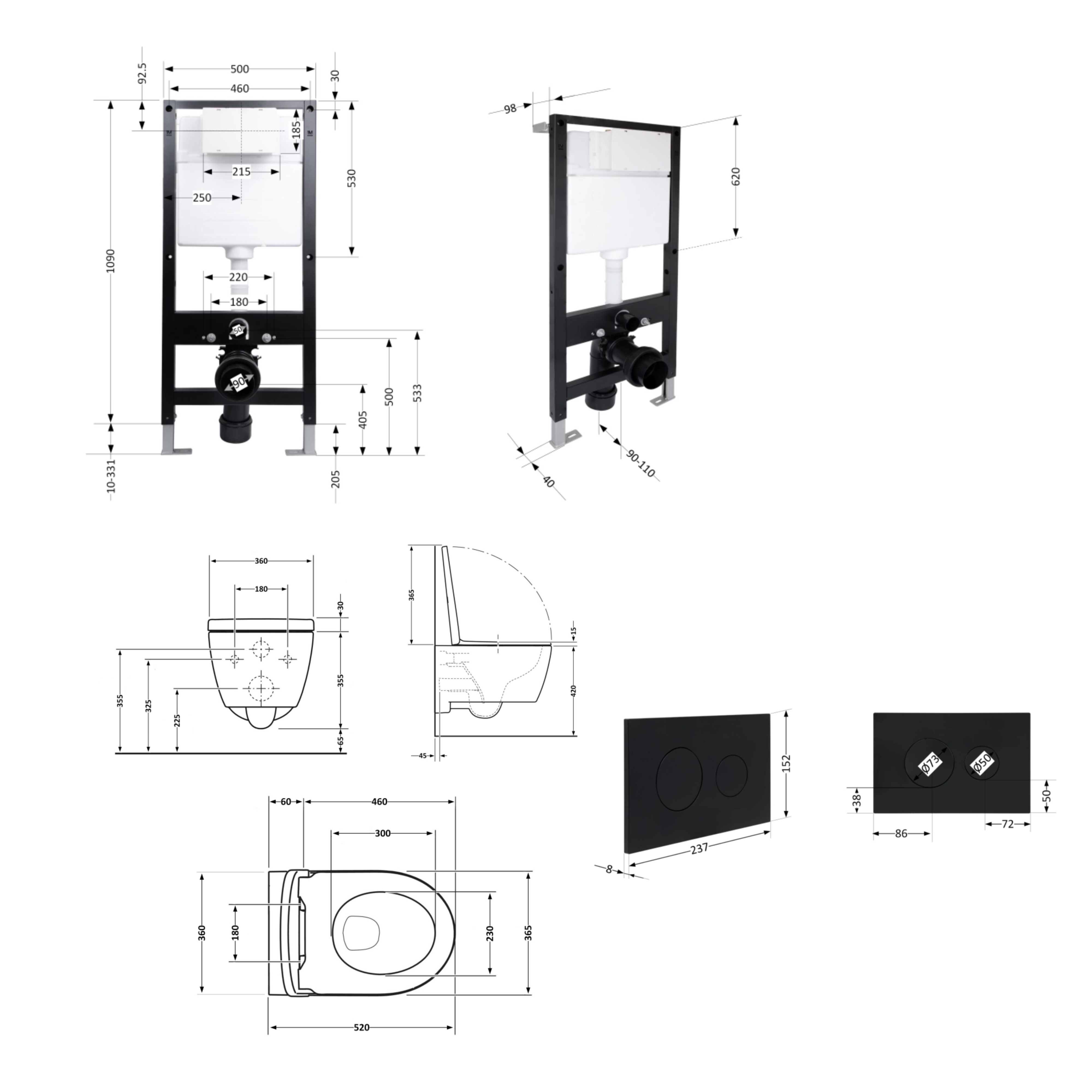 Готове рішення Qtap для ванної кімнати: підвісний унітаз Swan Rimless 520x360x320 + комплект інсталяції Standard (кругла клавіша Black) — фото2