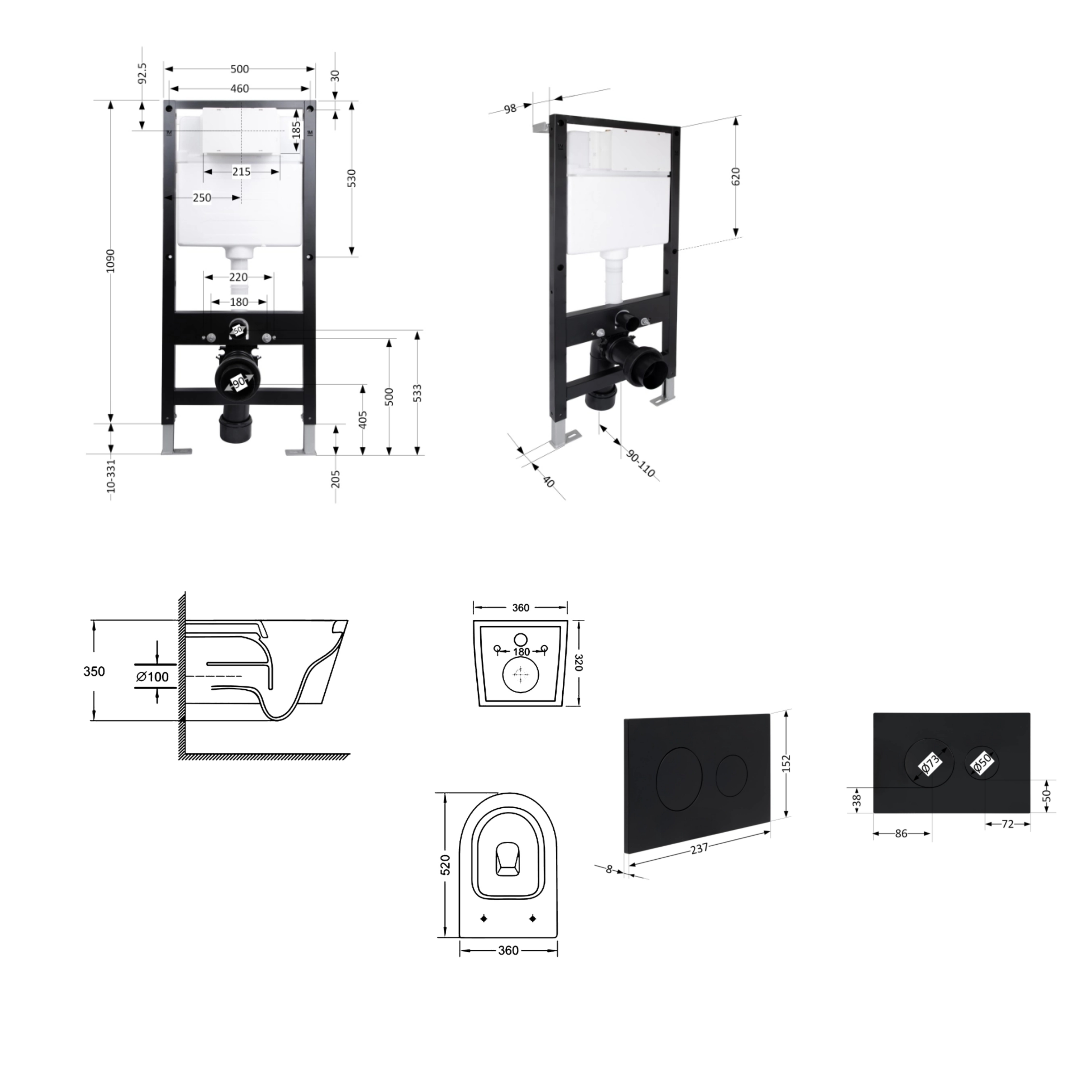 Готове рішення Qtap для ванної кімнати: підвісний унітаз Swan Ultra Quiet 520x360x320 + комплект інсталяції Standard (кругла клавіша Black) — фото2