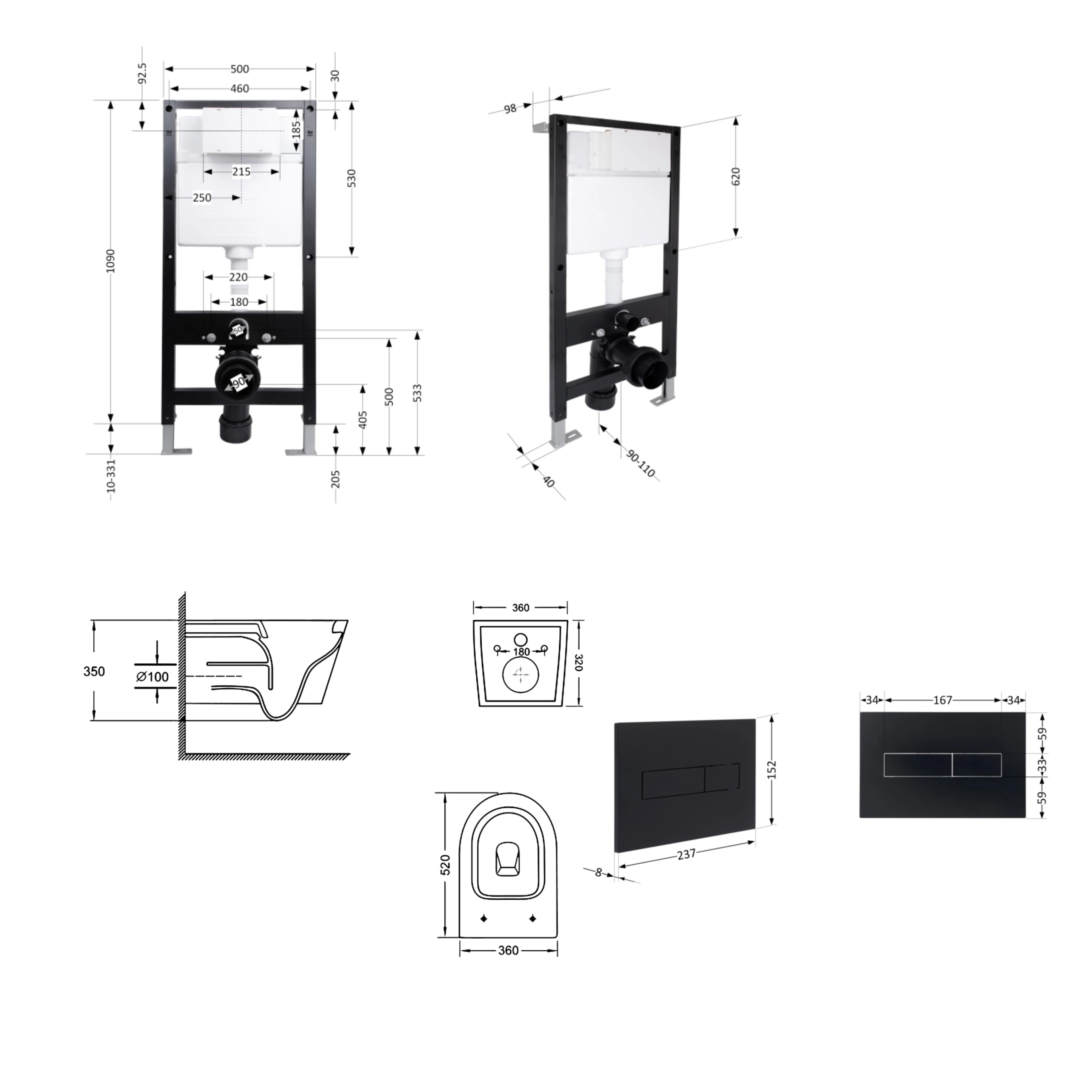 Готове рішення Qtap для ванної кімнати: підвісний унітаз Swan Ultra Quiet 520x360x320 + комплект інсталяції Standard (лінійна клавіша Black) — фото2
