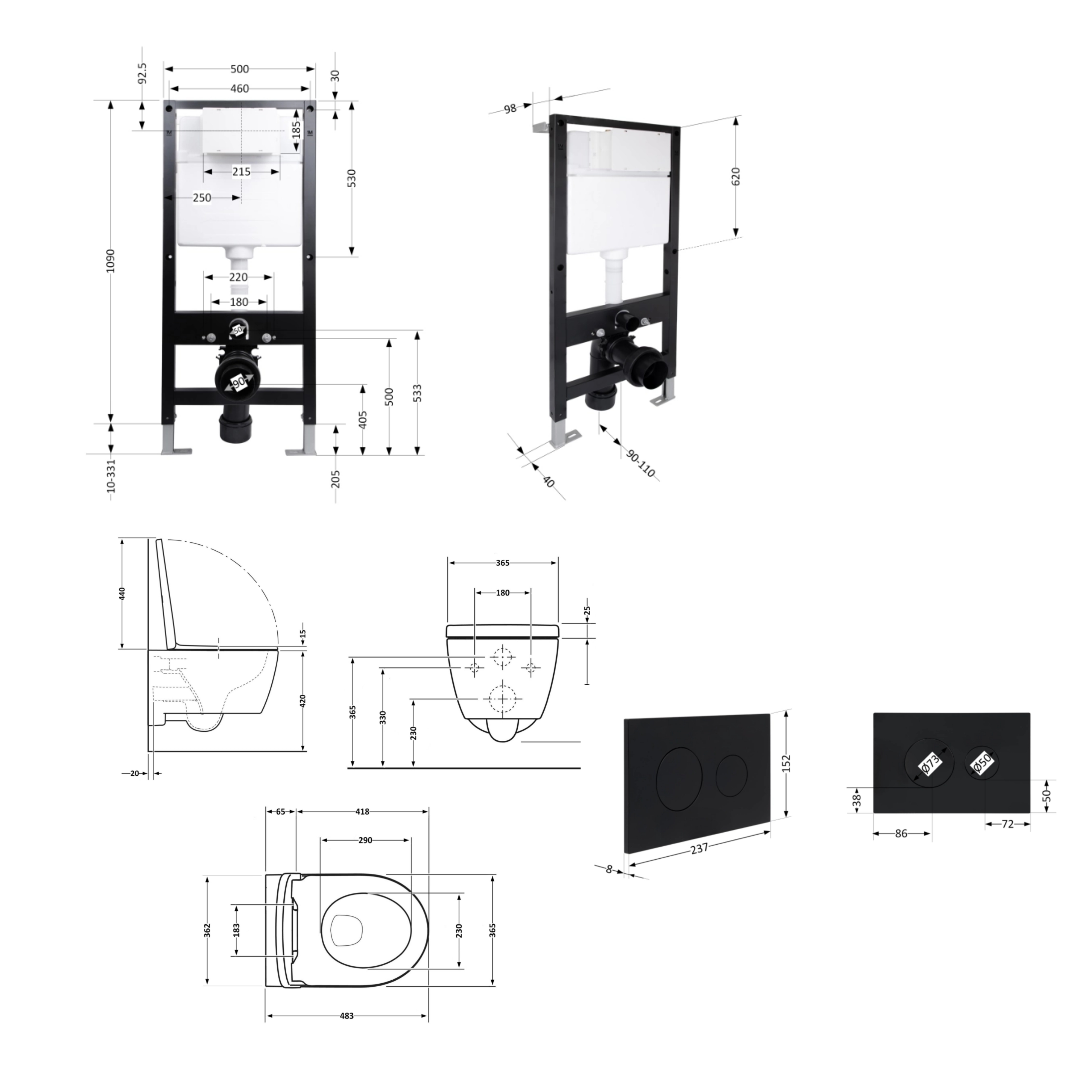 Готове рішення Qtap для ванної кімнати: підвісний унітаз Taurus Ultra Quiet 485x360x350 + комплект інсталяції Standard (кругла клавіша Black) — фото2