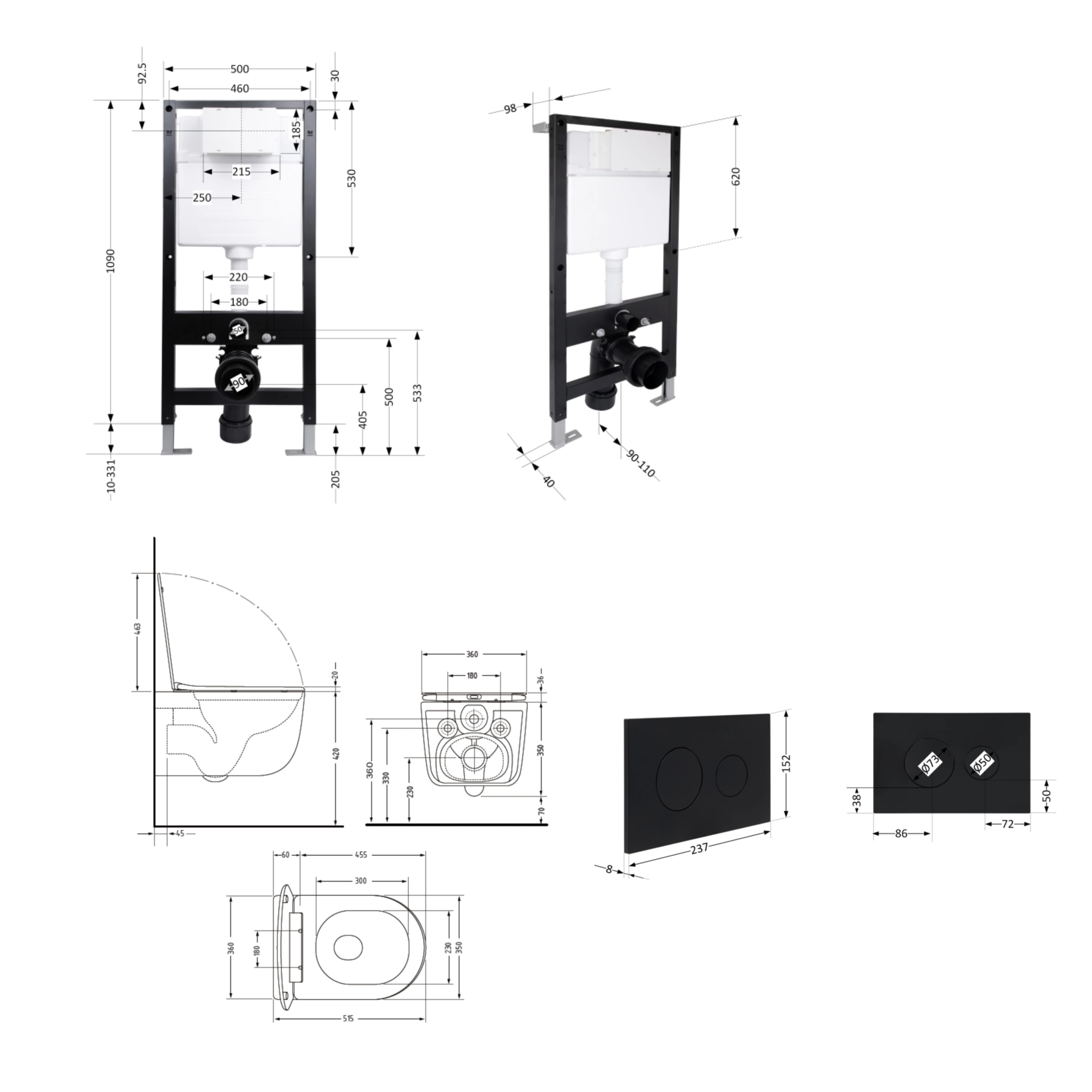 Готове рішення Qtap для ванної кімнати: підвісний унітаз Taurus Ultra Quiet 515x360x350 + комплект інсталяції Standard (кругла клавіша Black) — фото2