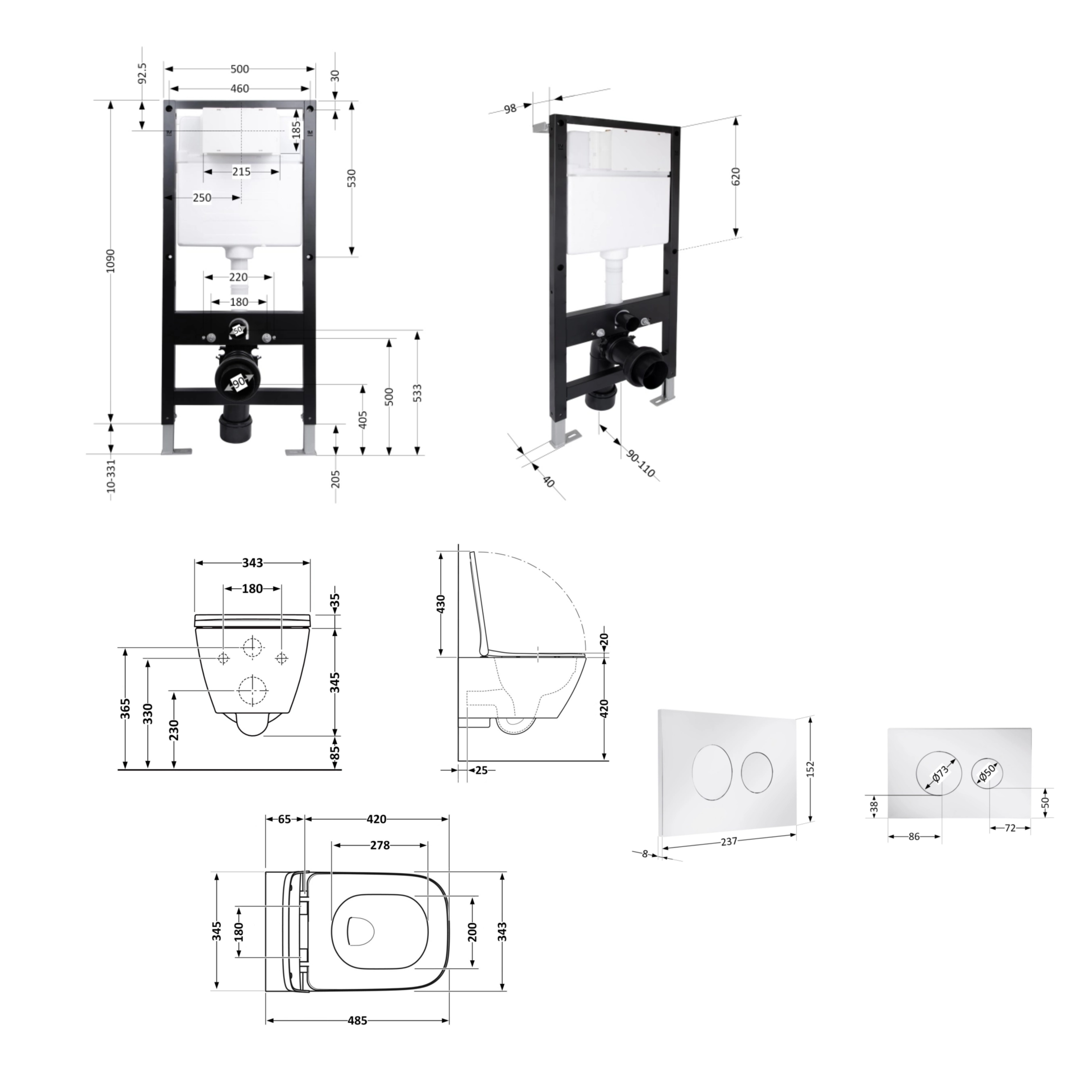 Готове рішення Qtap для ванної кімнати: підвісний унітаз Gemini Ultra Quiet 485x340x350 + комплект інсталяції Standard (кругла клавіша Chrome) — фото2