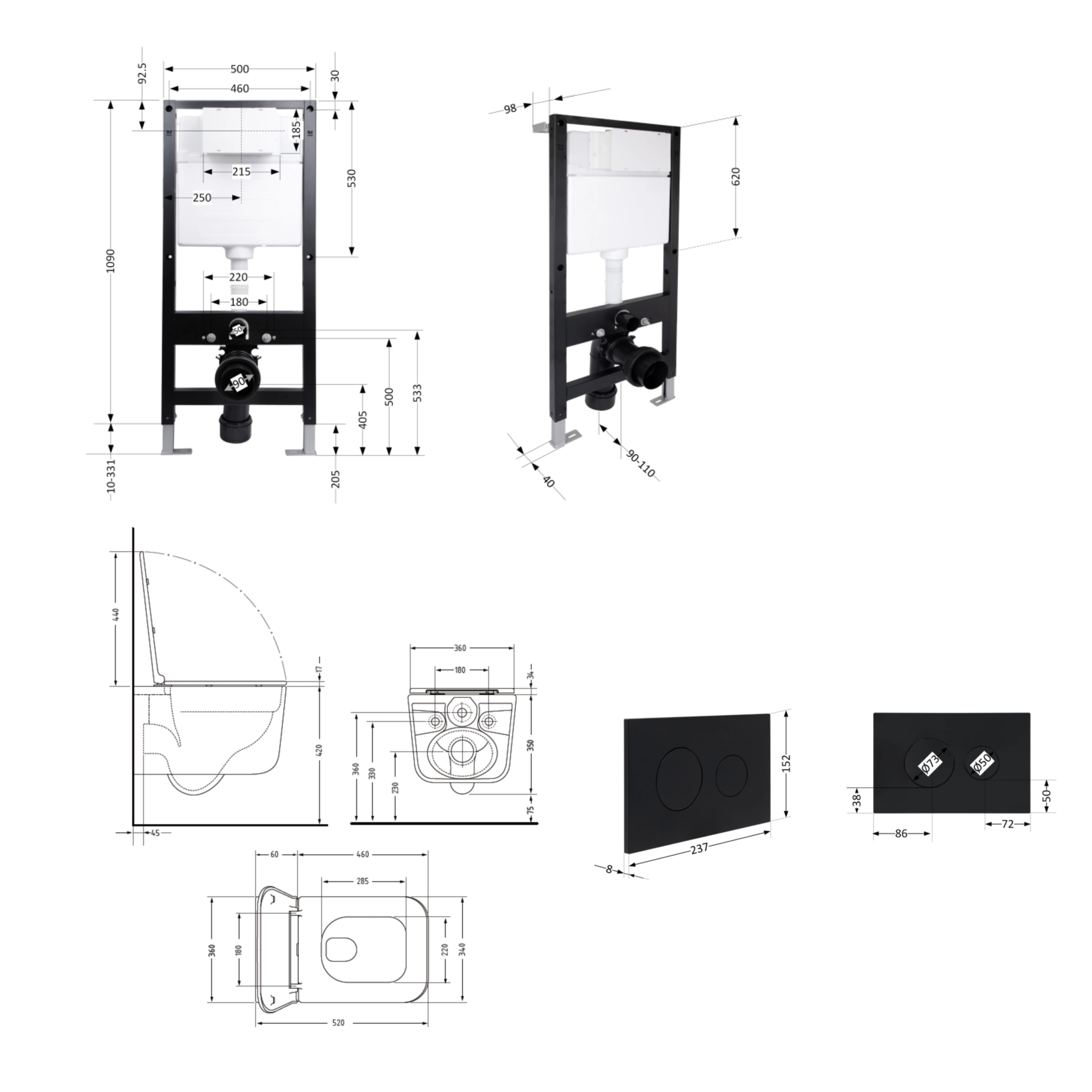 Готове рішення Qtap для ванної кімнати: підвісний унітаз Gemini Ultra Quiet 520x360x350 + комплект інсталяції Standard (кругла клавіша Black) — фото2