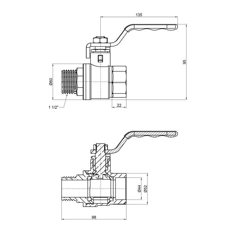Кран кульовий Thermo Alliance Standart 1" 1/2 ВЗ для води (важіль) SD605NW40PN40 — фото 2