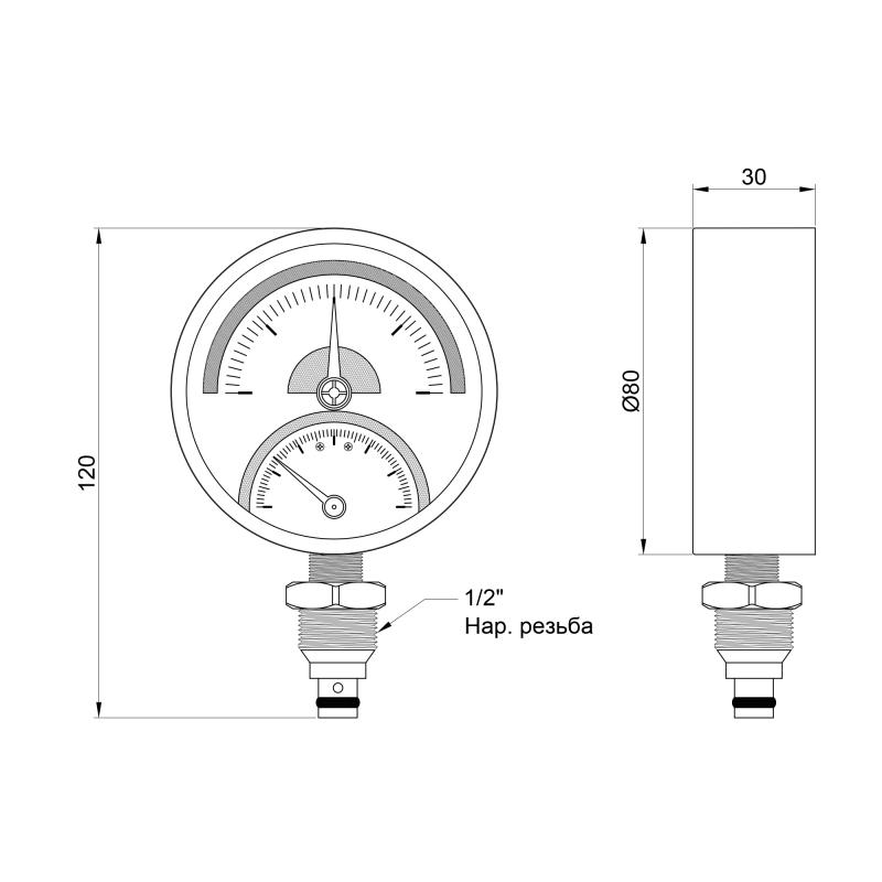 Термоманометр Thermo Alliance Standart 80 мм 1/2", нижнє підмикання SD1724B — фото 2