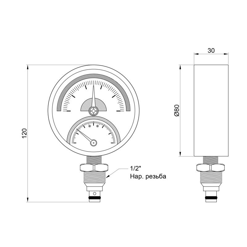 Термоманометр Thermo Alliance Standart 80 мм 1/2", нижнє підмикання SD17210B — фото 2