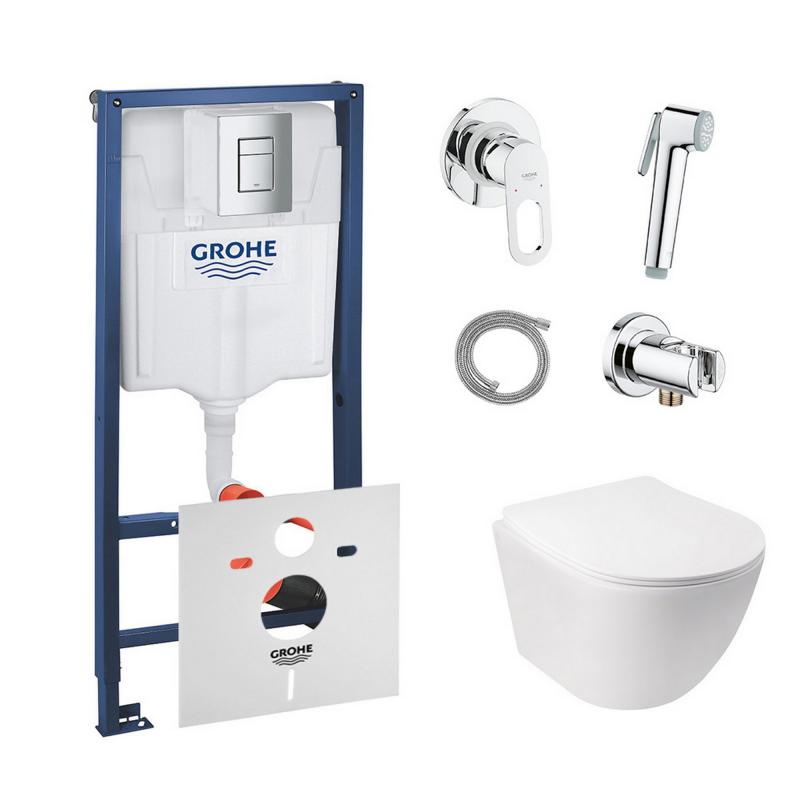 Комплект інсталяція Grohe Rapid SL 38772001 + унітаз з сидінням Qtap Jay QT07335176W + набір для гігієнічного душу зі змішувачем Grohe BauLoop 111042