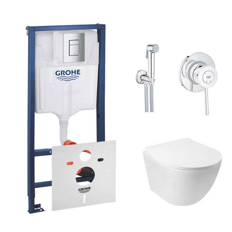 Комплект інсталяція Grohe Rapid SL 38772001 + унітаз з сидінням Qtap Jay QT07335176W + набір для гігієнічного душу зі змішувачем Grohe BauClassic 2904800S