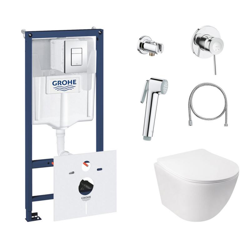 Комплект інсталяція Grohe Rapid SL 38827000 + унітаз з сидінням Qtap Jay QT07335176W + набір для гігієнічного душу зі змішувачем Grohe BauClassic 111048