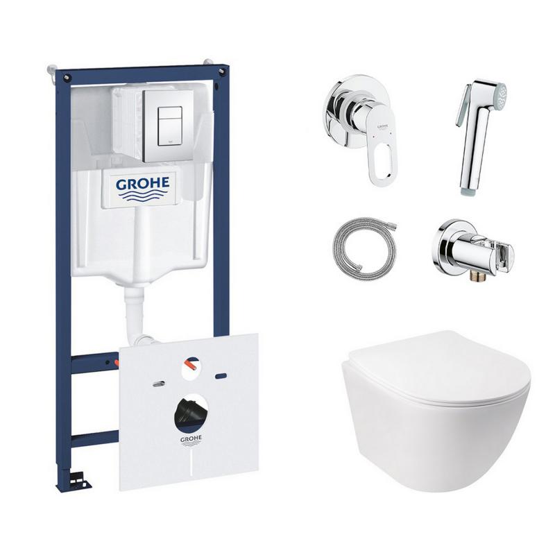 Комплект інсталяція Grohe Rapid SL 38827000 + унітаз з сидінням Qtap Jay QT07335176W + набір для гігієнічного душу зі змішувачем Grohe BauLoop 111042
