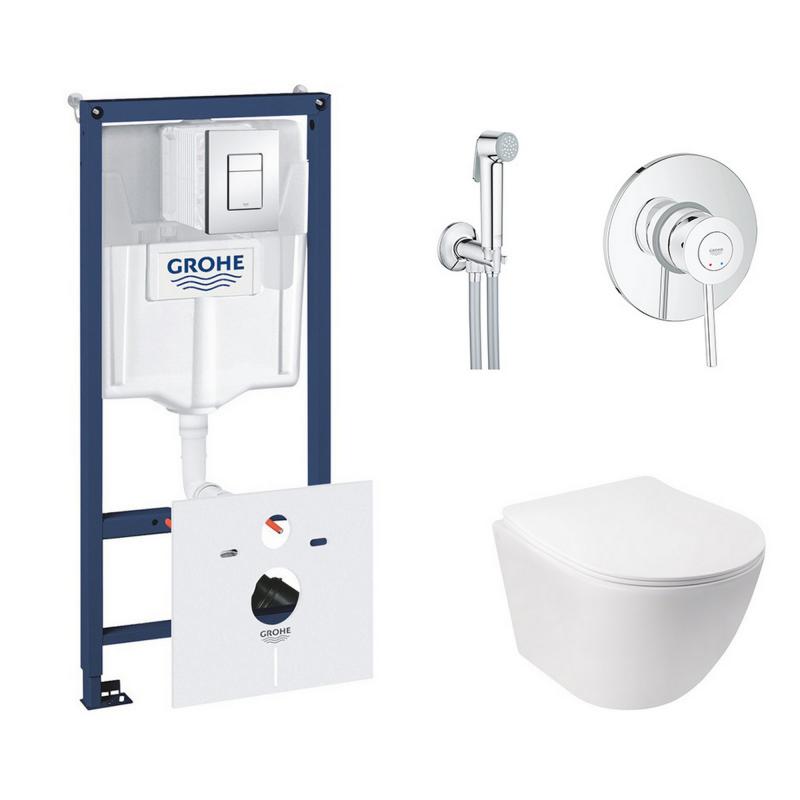 Комплект інсталяція Grohe Rapid SL 38827000 + унітаз з сидінням Qtap Jay QT07335176W + набір для гігієнічного душу зі змішувачем Grohe BauClassic 2904800S