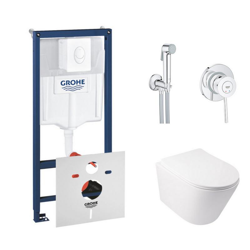 Комплект інсталяція Grohe Rapid SL 38722001 + унітаз з сидінням Qtap Swan QT16335178W + набір для гігієнічного душу зі змішувачем Grohe BauClassic 2904800S