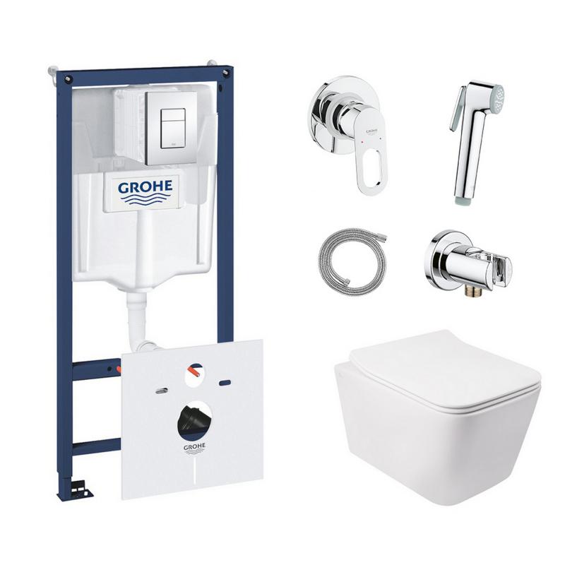 Комплект інсталяція Grohe Rapid SL 38827000 + унітаз з сидінням Qtap Crow QT05335170W + набір для гігієнічного душу зі змішувачем Grohe BauLoop 111042