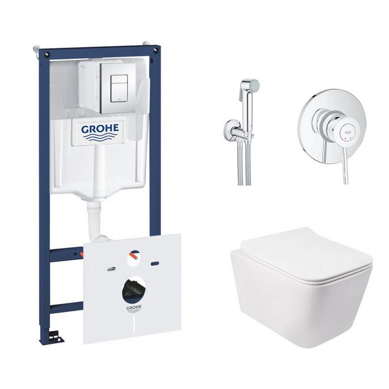 Комплект інсталяція Grohe Rapid SL 38827000 + унітаз з сидінням Qtap Crow QT05335170W + набір для гігієнічного душу зі змішувачем Grohe BauClassic 2904800S